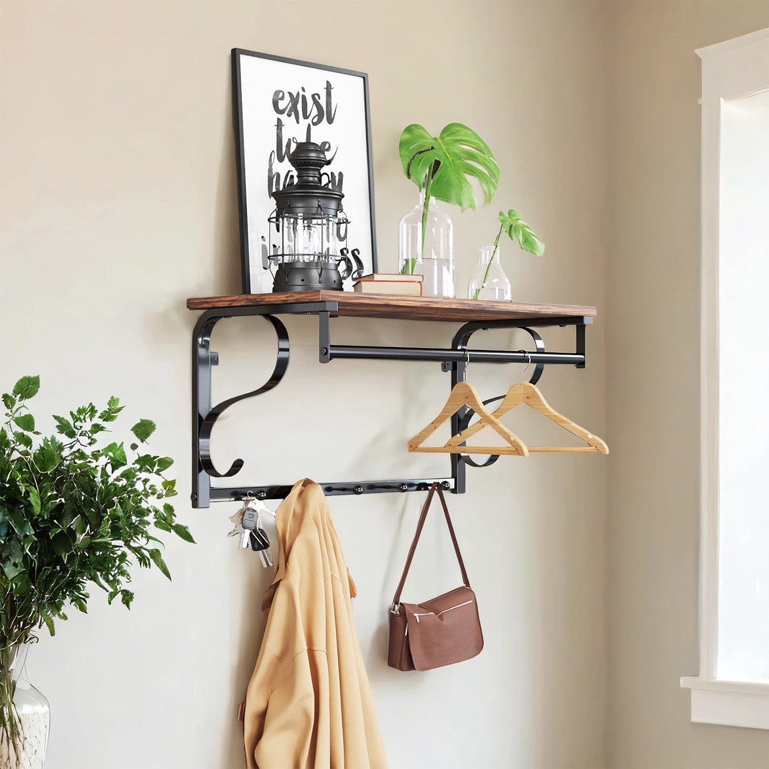 Industrial Coat Rack - Metal - Rustic Brown and Black - Wall Mounted with Shelf and 5 Hooks