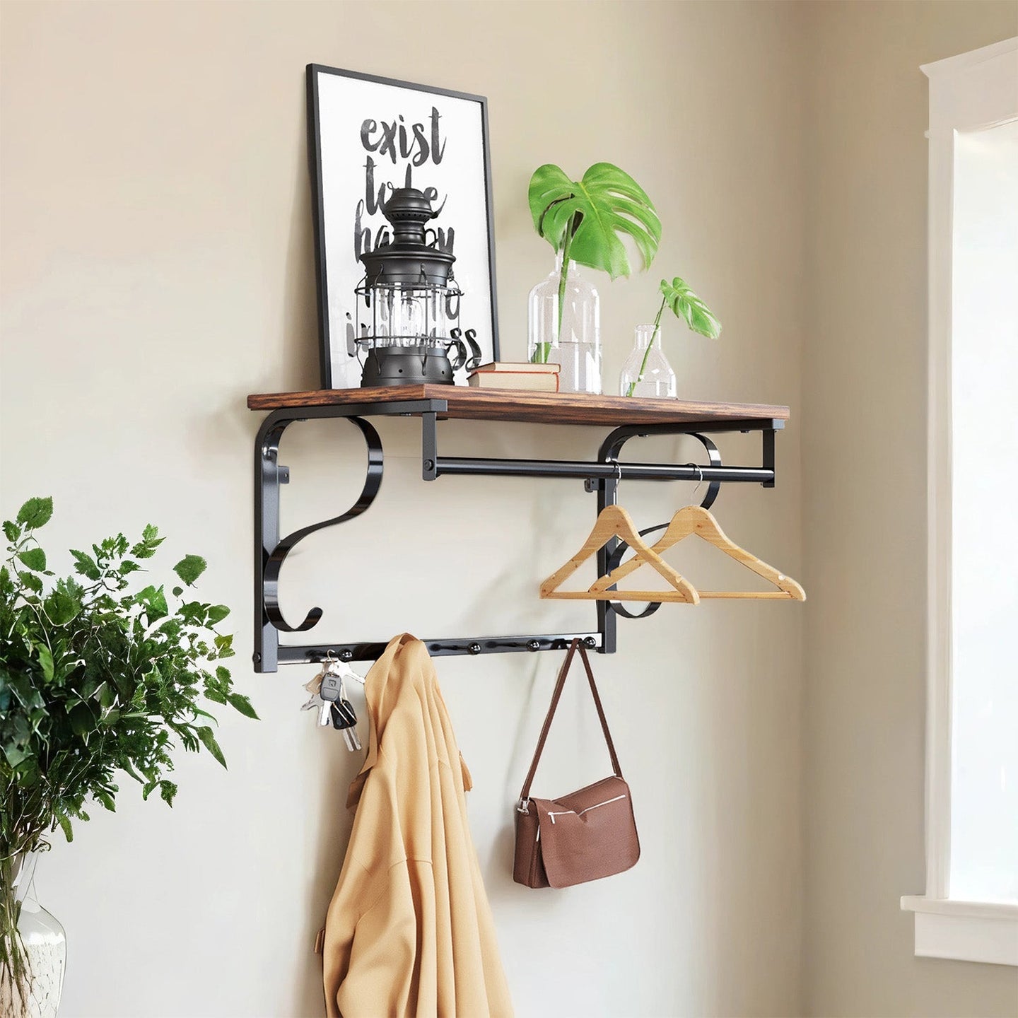 Industrial Coat Rack - Metal - Rustic Brown and Black - Wall Mounted with Shelf and 5 Hooks