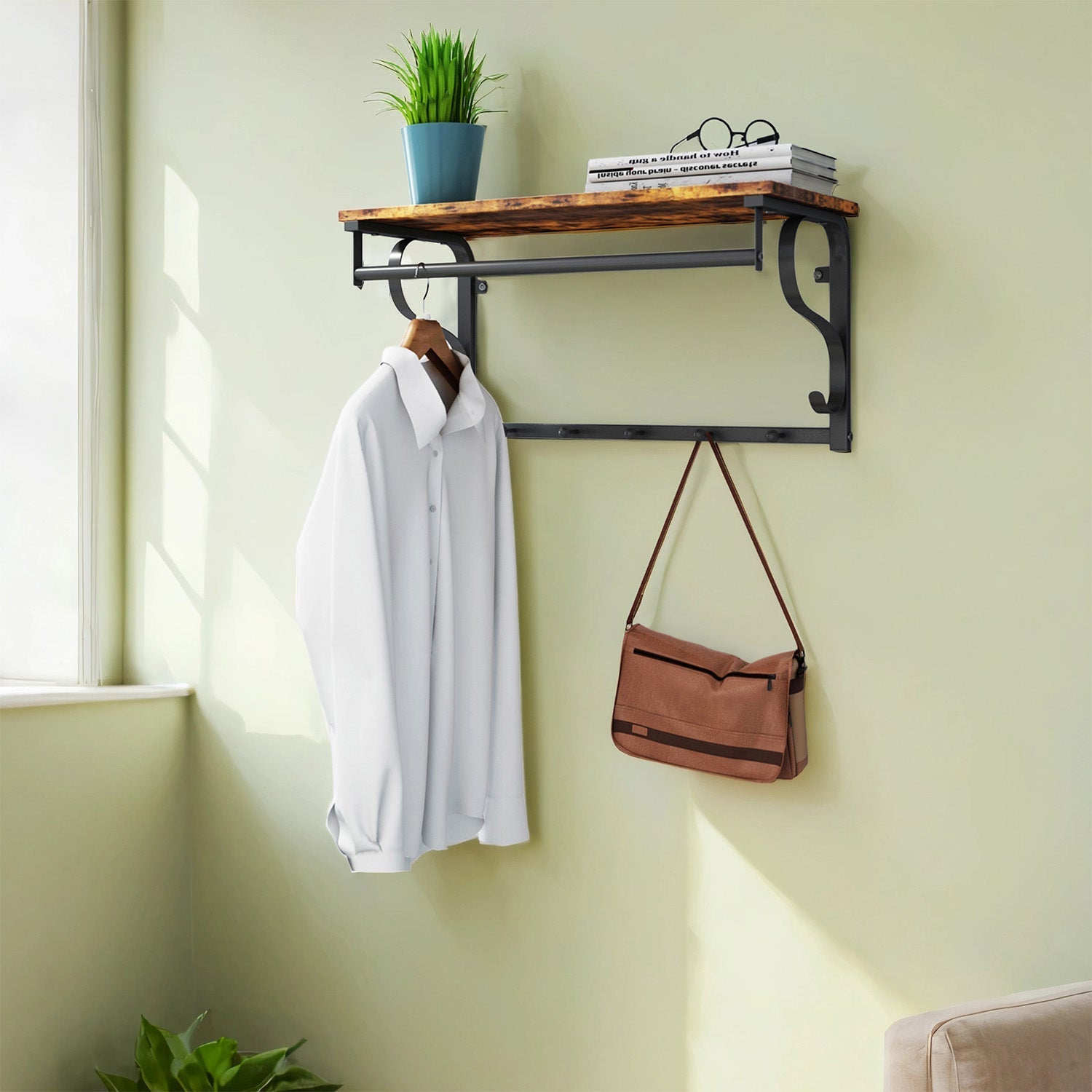 Industrial Coat Rack - Metal - Rustic Brown and Black - Wall Mounted with Shelf and 5 Hooks