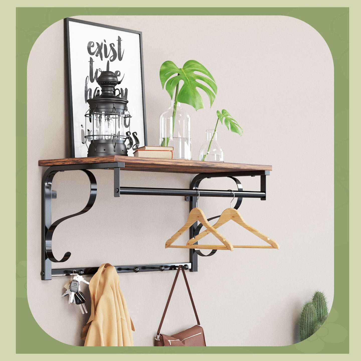 Industrial Coat Rack - Metal - Rustic Brown and Black - Wall Mounted with Shelf and 5 Hooks