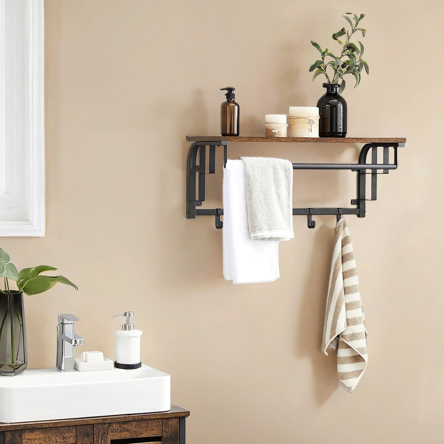 Wall-Mounted Coat Rack - Metal - Industrial Gray - With 5 Removable Hooks and Floating Shelf