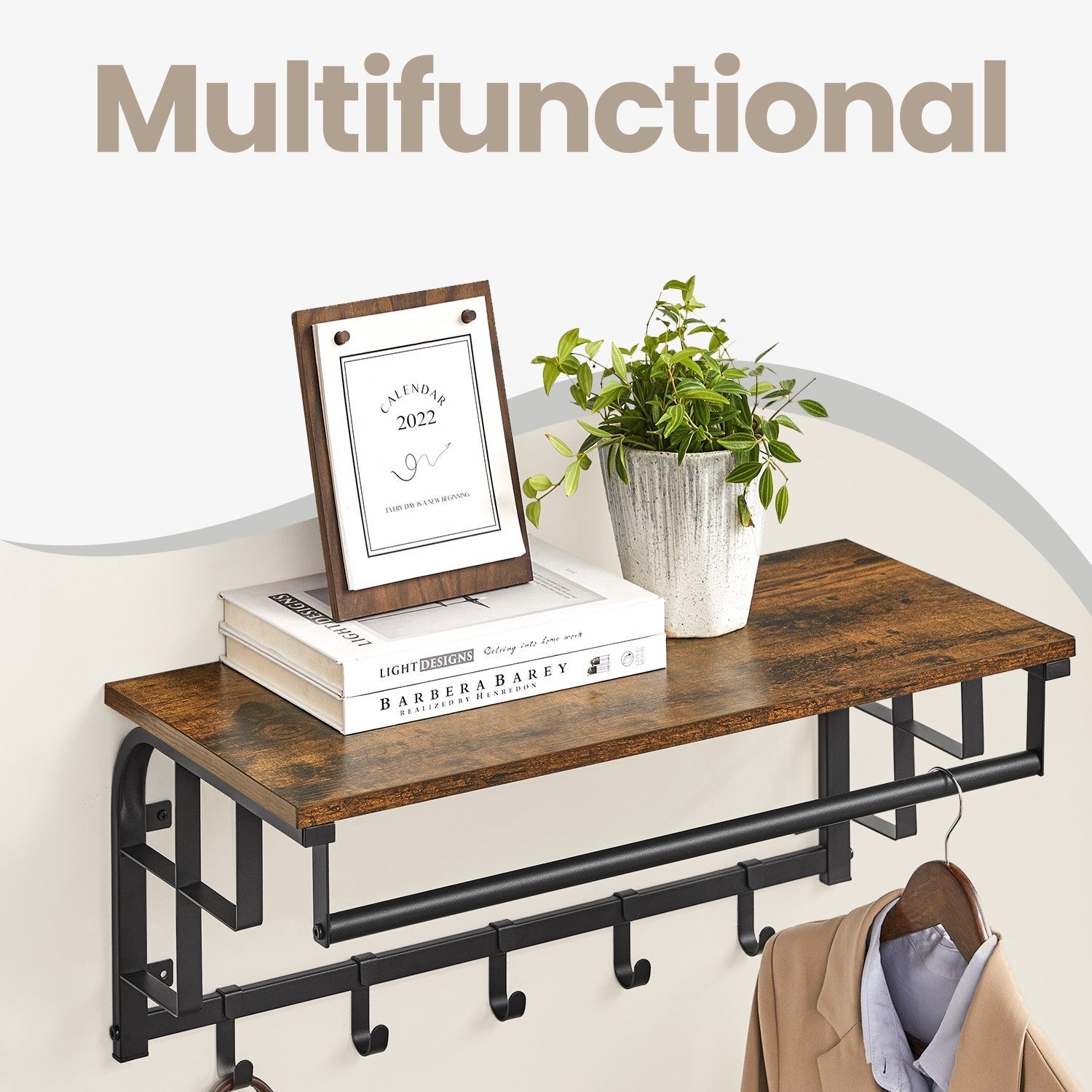 Wall-Mounted Coat Rack - Metal - Industrial Gray - With 5 Removable Hooks and Floating Shelf