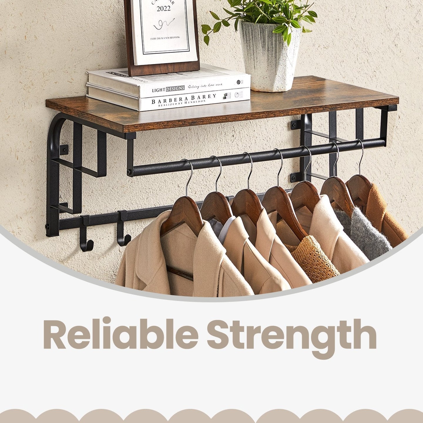 Wall-Mounted Coat Rack - Metal - Industrial Gray - With 5 Removable Hooks and Floating Shelf