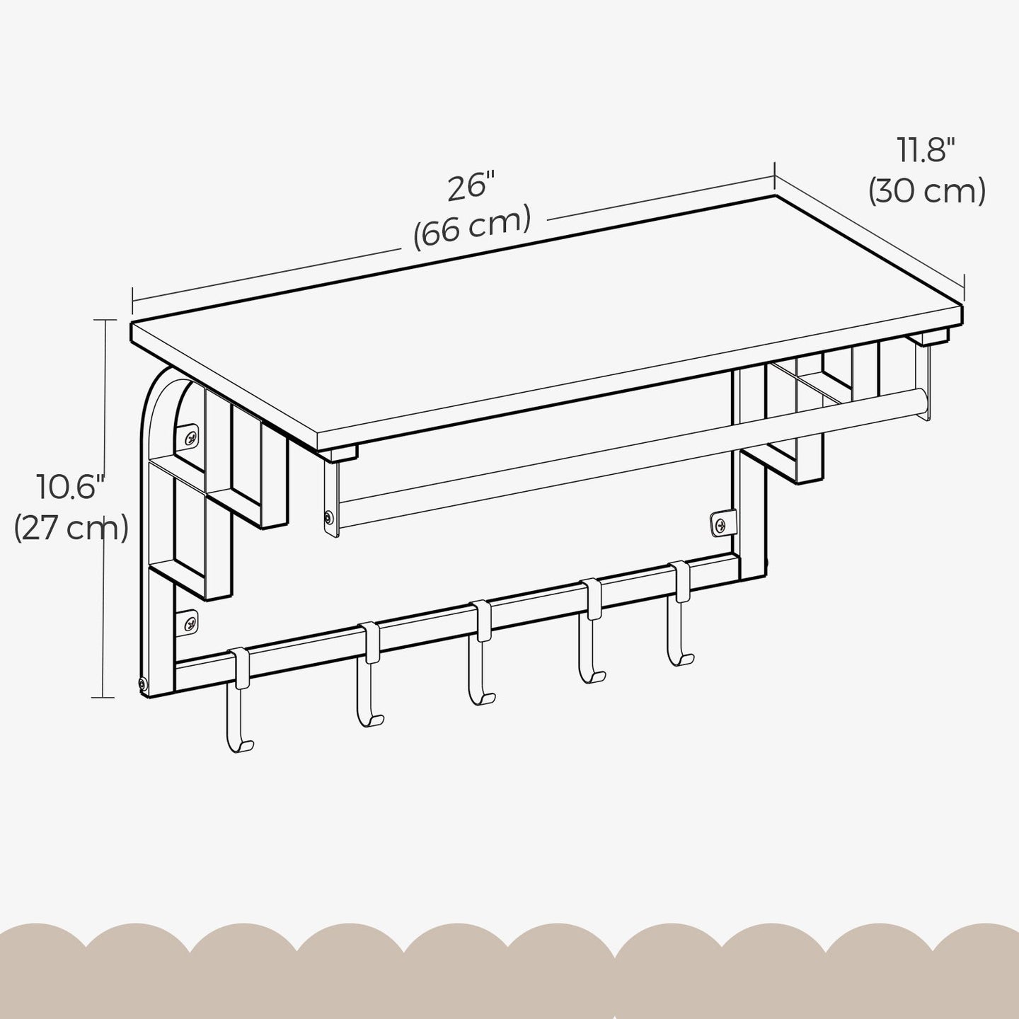 Wall-Mounted Coat Rack - Metal - Industrial Gray - With 5 Removable Hooks and Floating Shelf