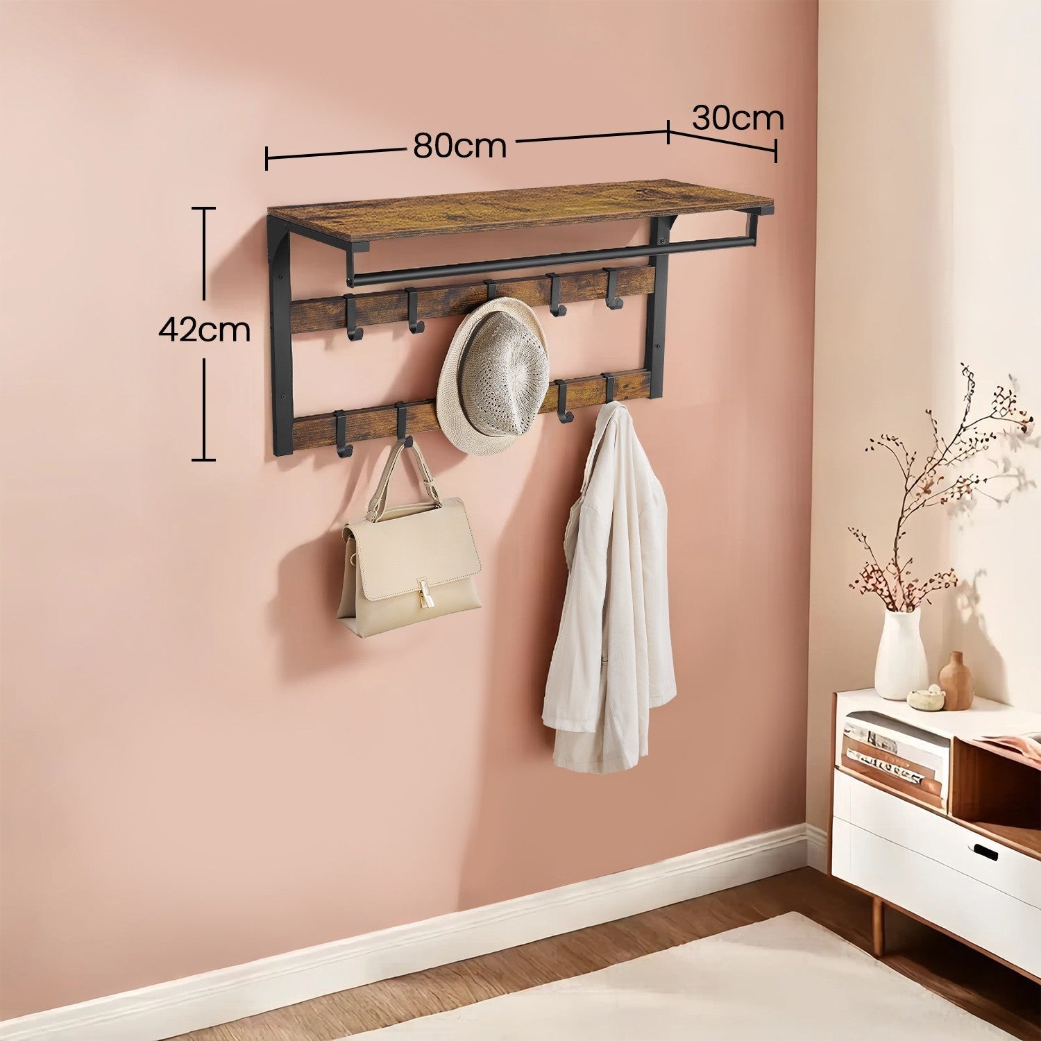Wall-Mounted Coat Rack - Wood - Oak and White - 10 Removable Hooks with Shelf