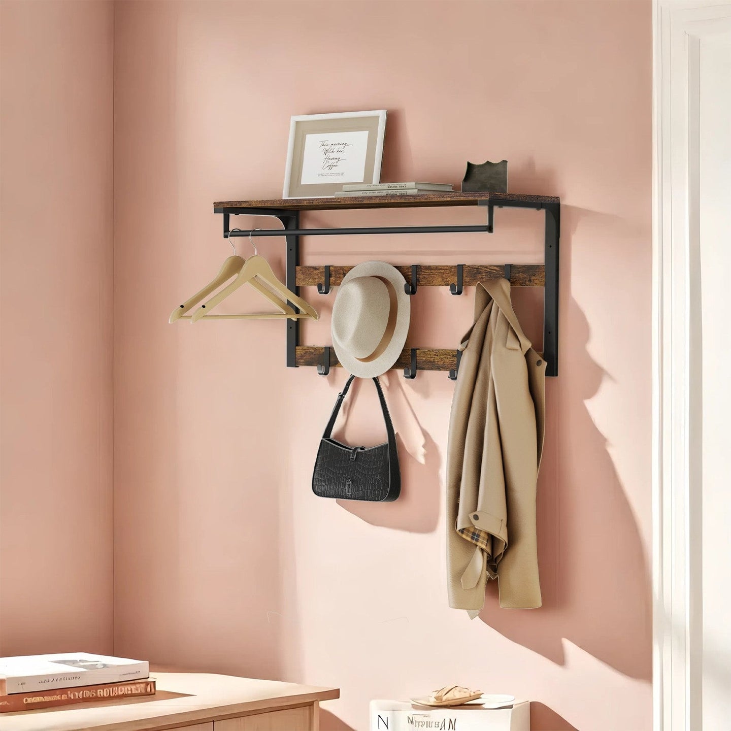 Wall-Mounted Coat Rack - Wood - Oak and White - 10 Removable Hooks with Shelf