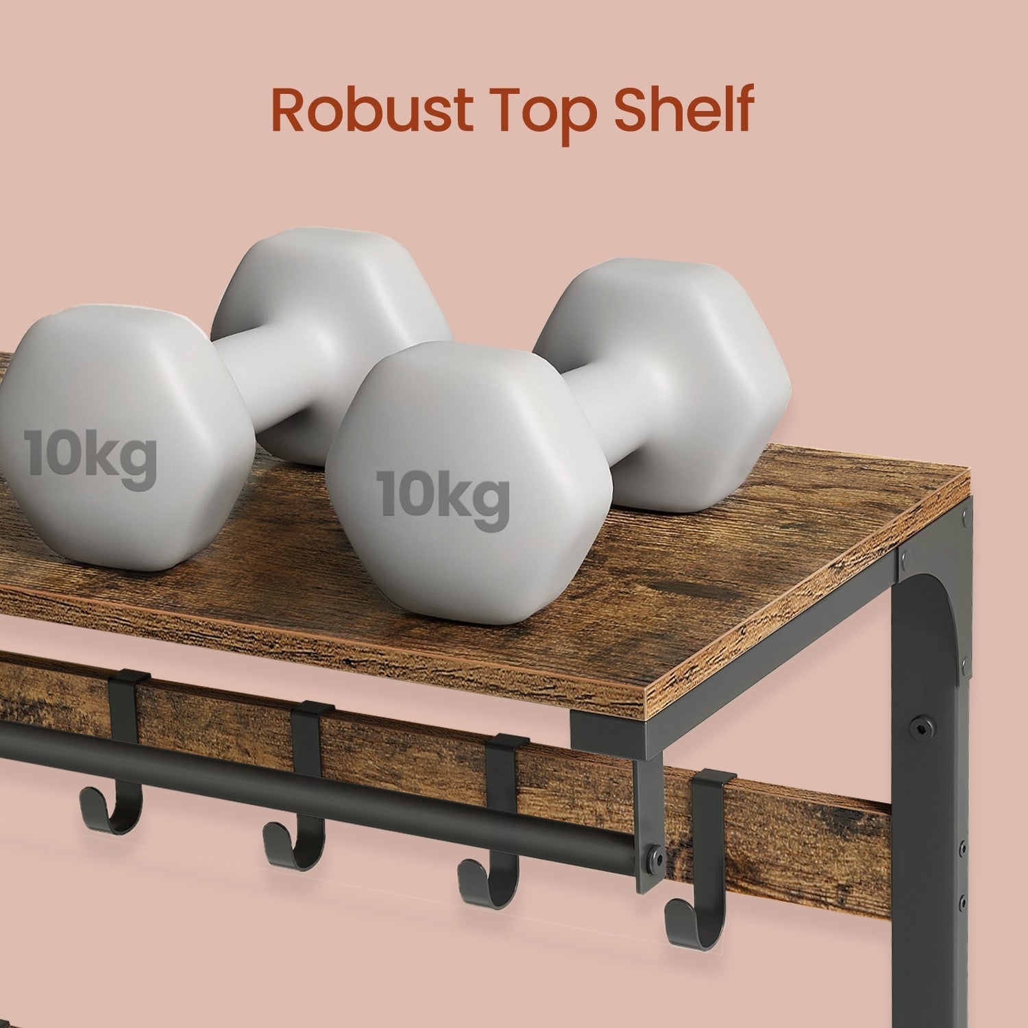 Wall-Mounted Coat Rack - Wood - Oak and White - 10 Removable Hooks with Shelf