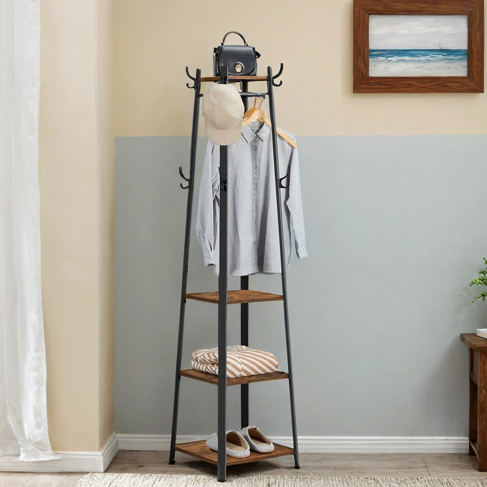 Coat Rack - Metal - Rustic Brown - Free Standing with 4 Shelves and Hooks