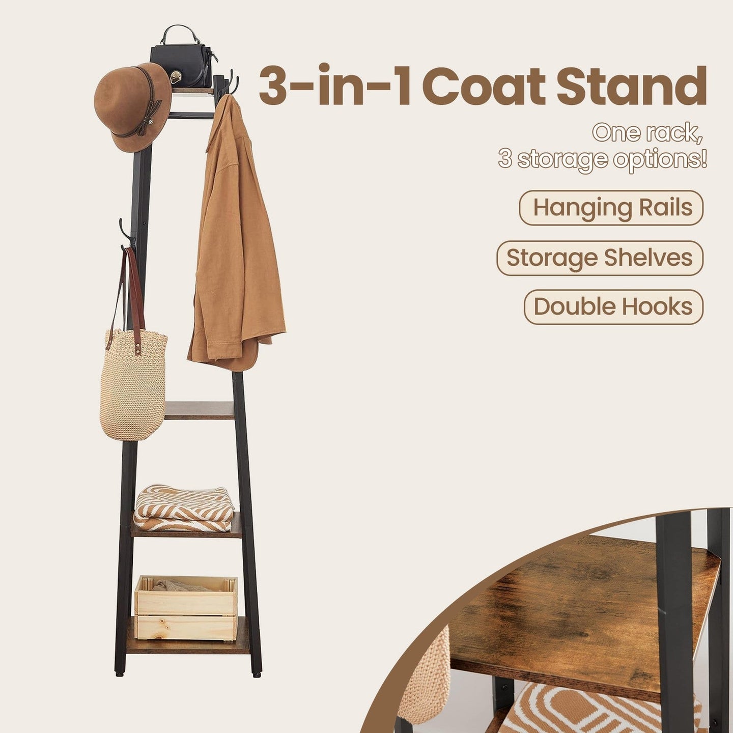 Coat Rack - Metal - Rustic Brown - Free Standing with 4 Shelves and Hooks