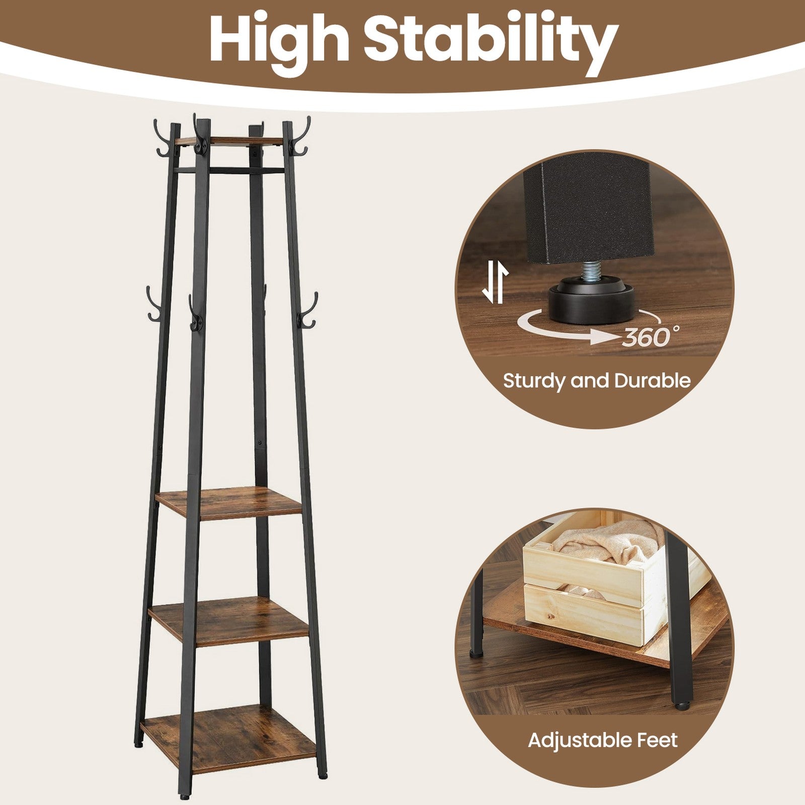 Coat Rack - Metal - Rustic Brown - Free Standing with 4 Shelves and Hooks