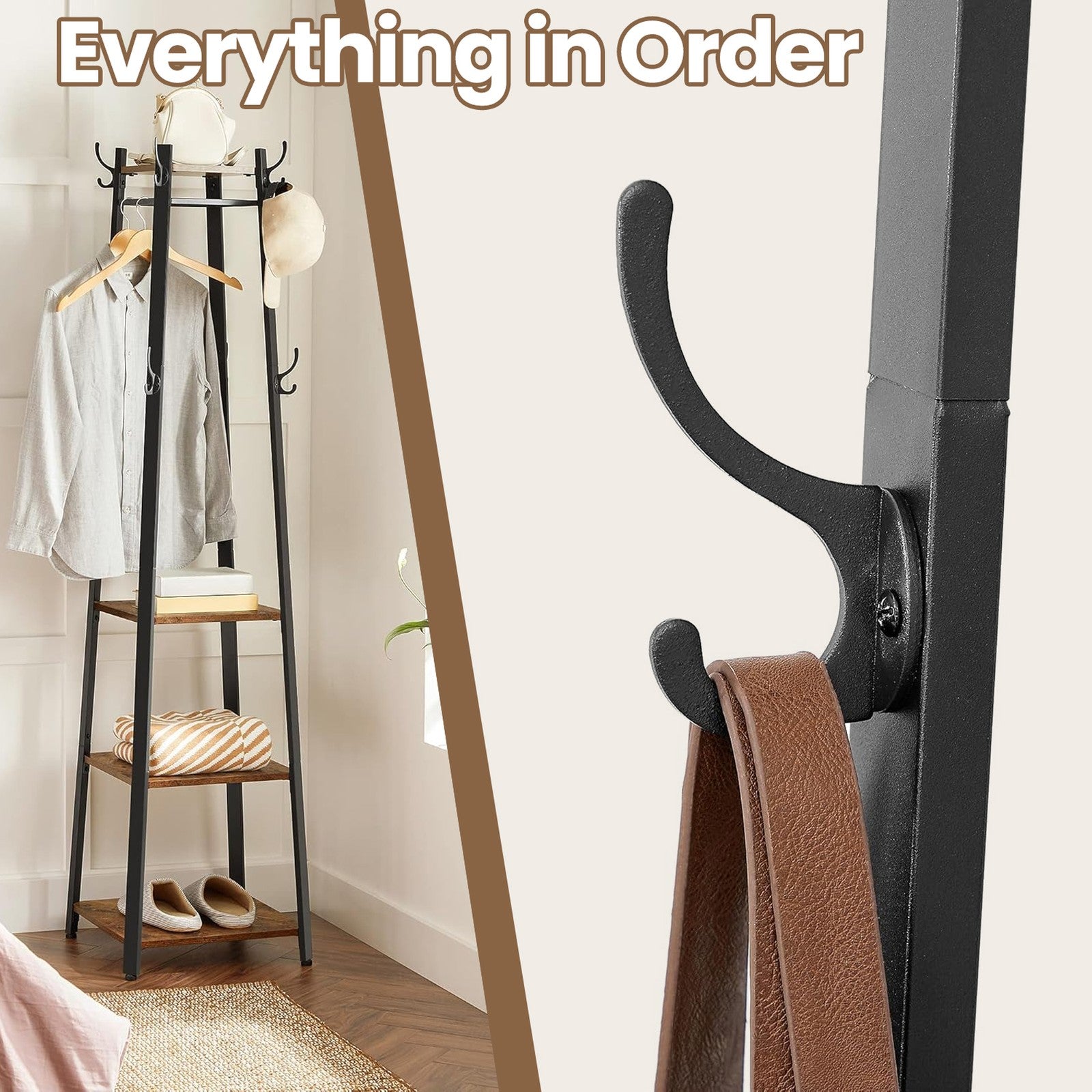 Coat Rack - Metal - Rustic Brown - Free Standing with 4 Shelves and Hooks