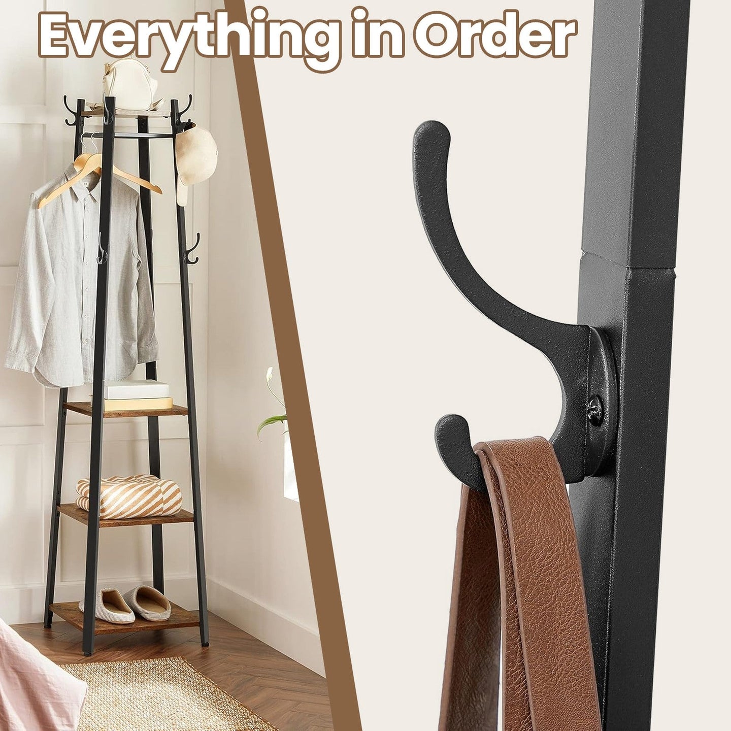 Coat Rack - Metal - Rustic Brown - Free Standing with 4 Shelves and Hooks
