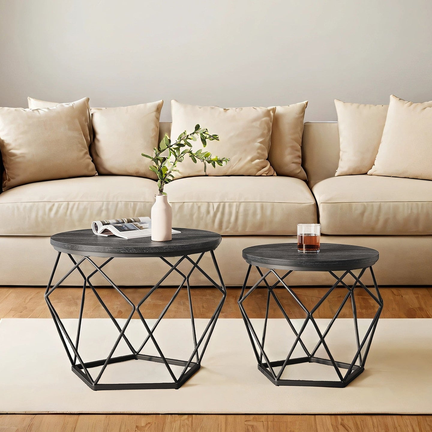 Round Coffee Table Set of 2 - Steel Frame - Removable Tabletop