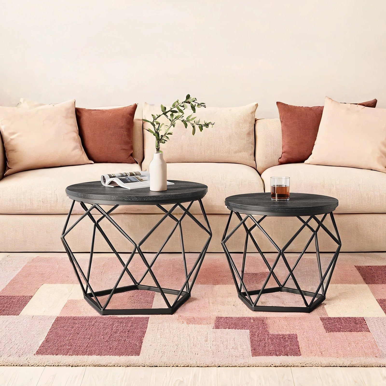 Round Coffee Table Set of 2 - Steel Frame - Removable Tabletop