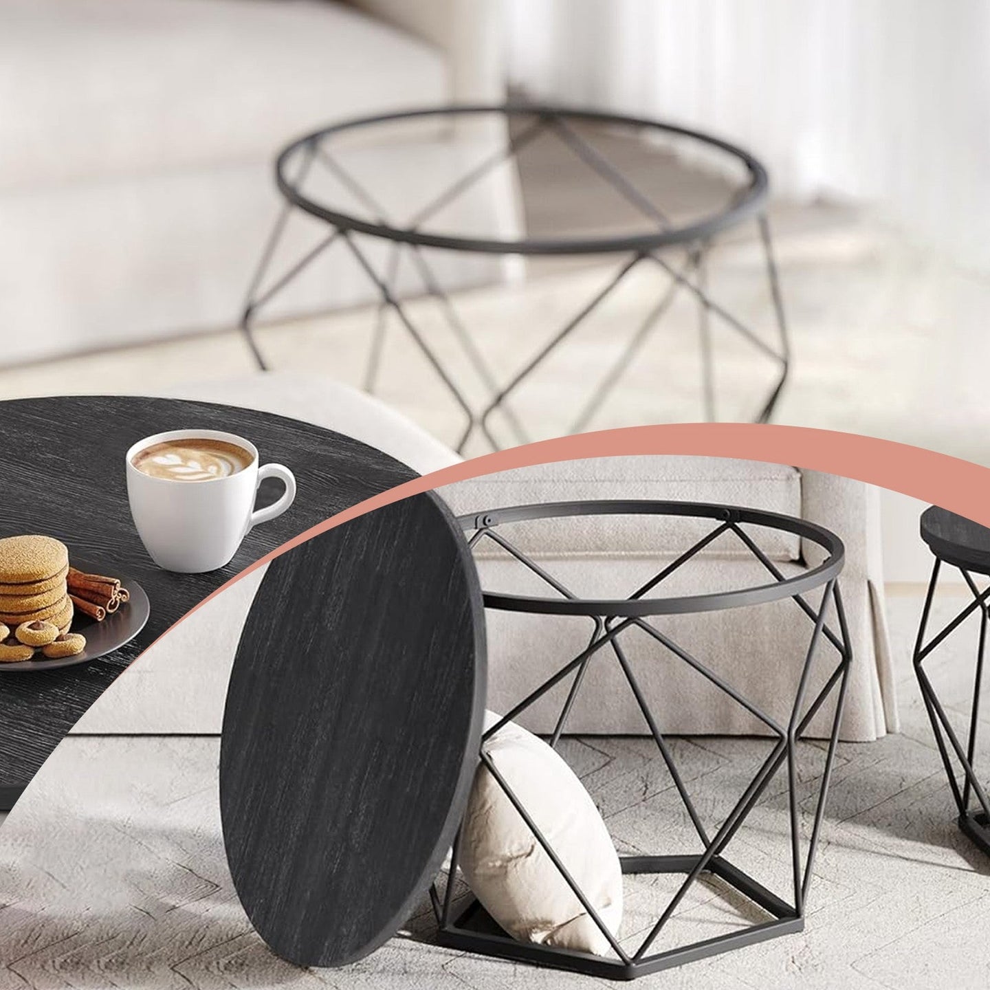 Round Coffee Table Set of 2 - Steel Frame - Removable Tabletop