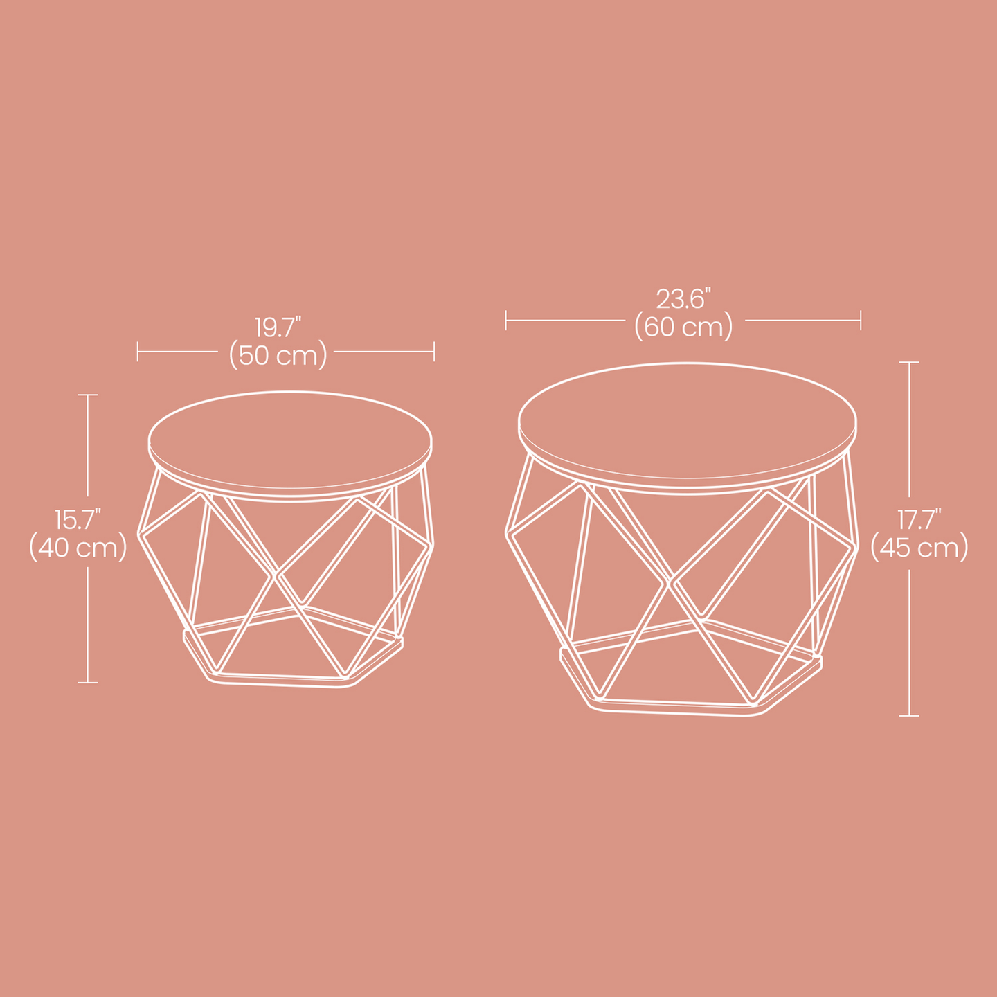 Round Coffee Table Set of 2 - Steel Frame - Removable Tabletop