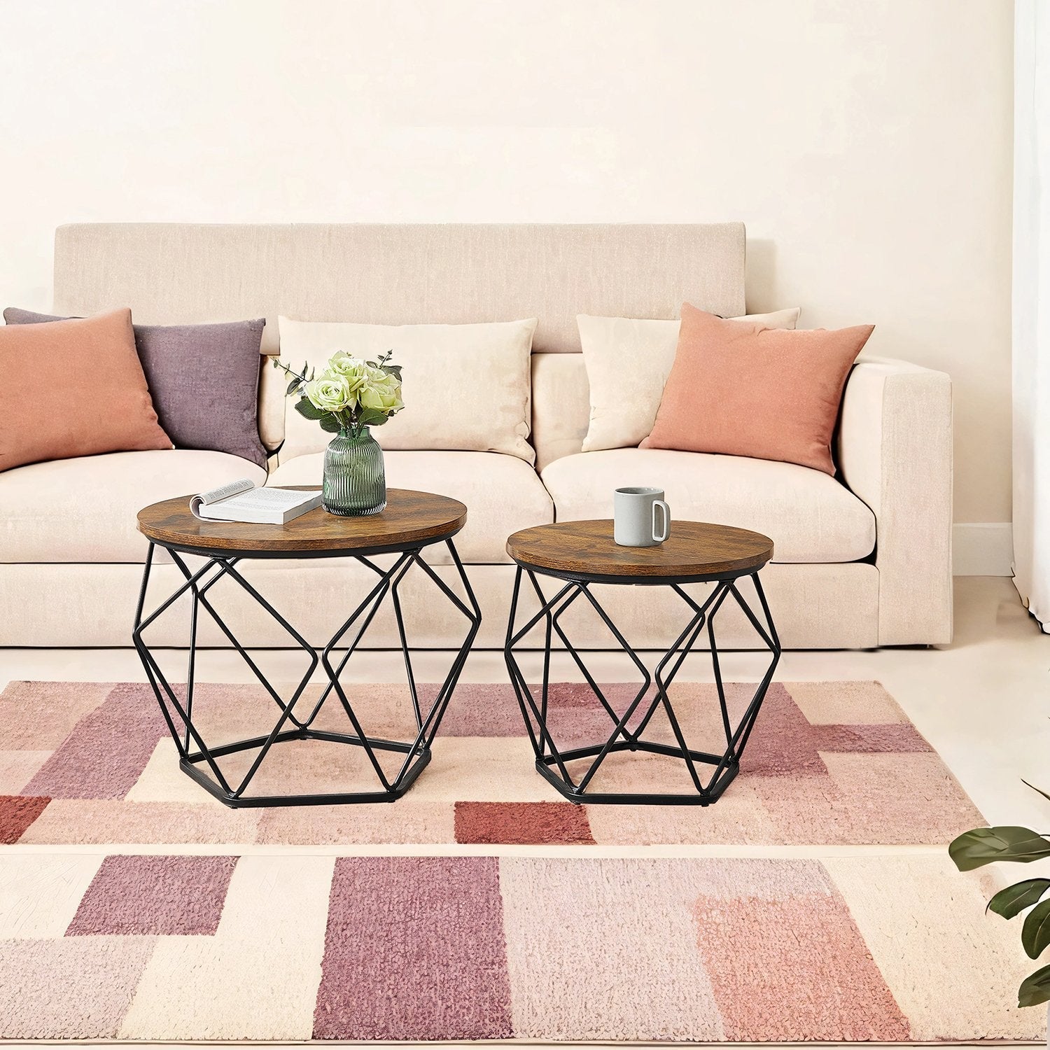 Round Coffee Table Set of 2 - Steel Frame - Removable Tabletop