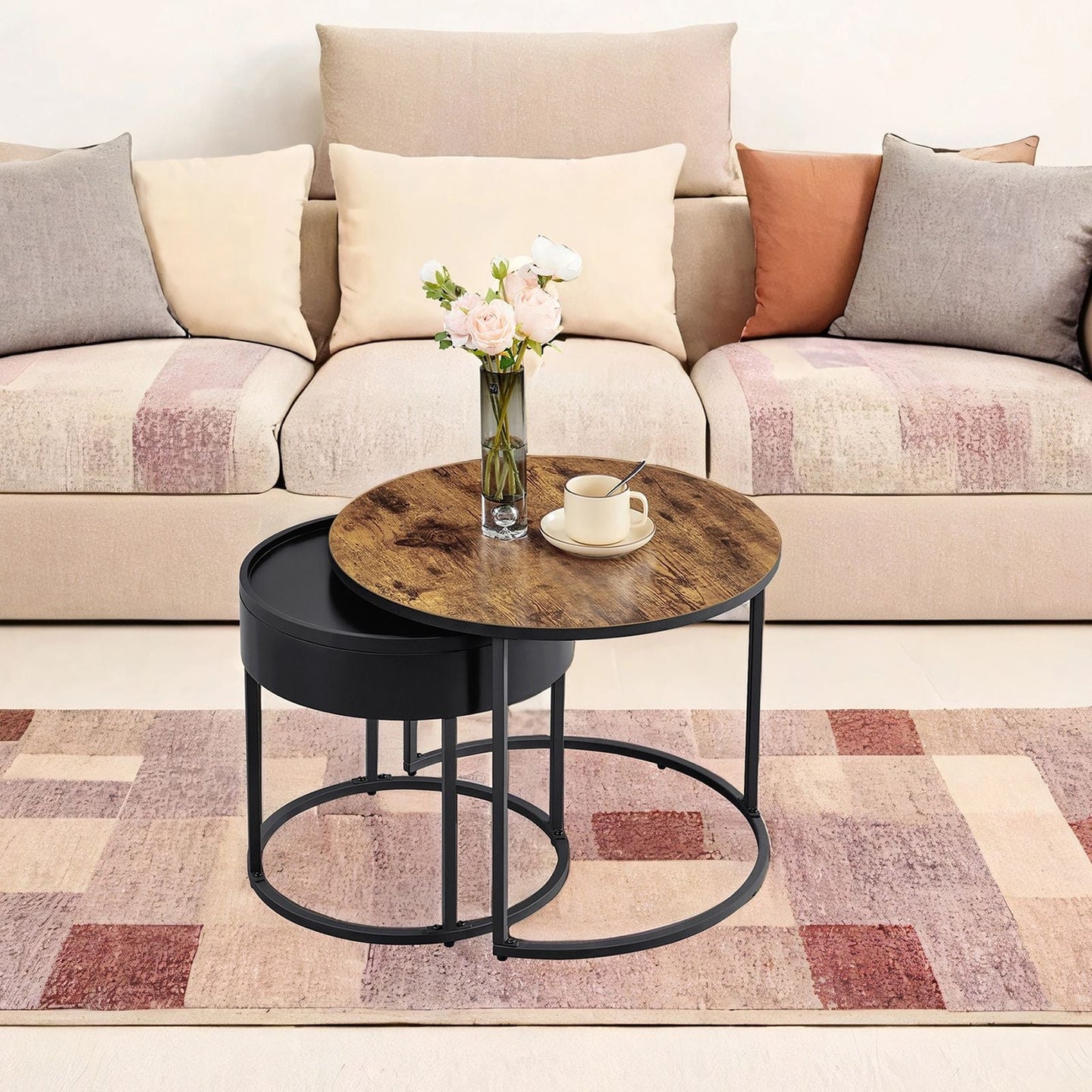 Set of 2 Round Nesting Coffee Tables - Wood - Rustic Brown - Modern Style with Hidden Storage and Top Tray