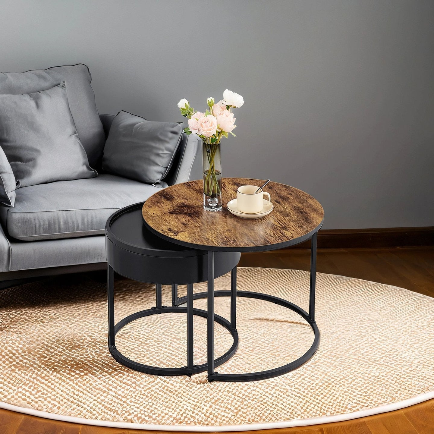 Set of 2 Round Nesting Coffee Tables - Wood - Rustic Brown - Modern Style with Hidden Storage and Top Tray