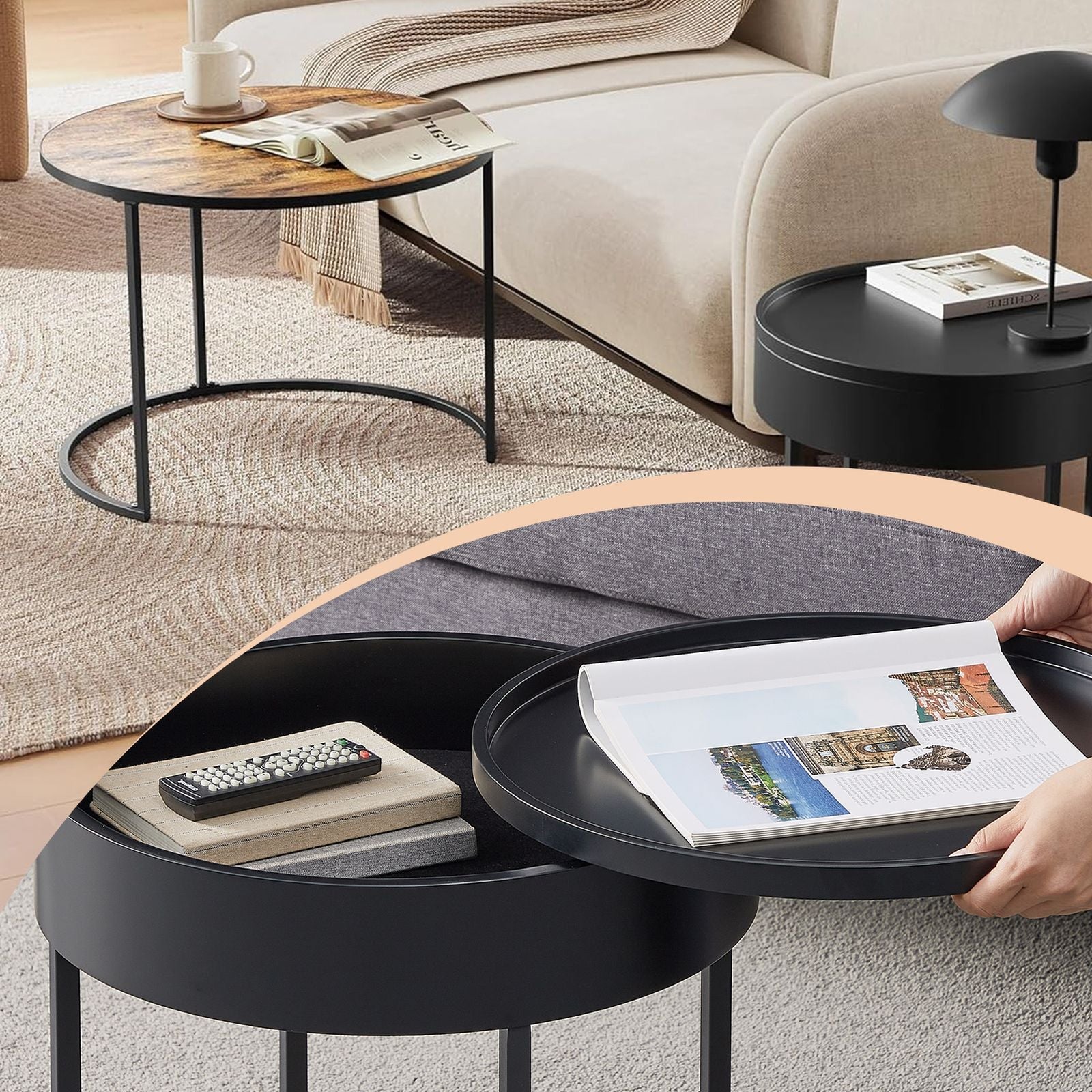 Set of 2 Round Nesting Coffee Tables - Wood - Rustic Brown - Modern Style with Hidden Storage and Top Tray