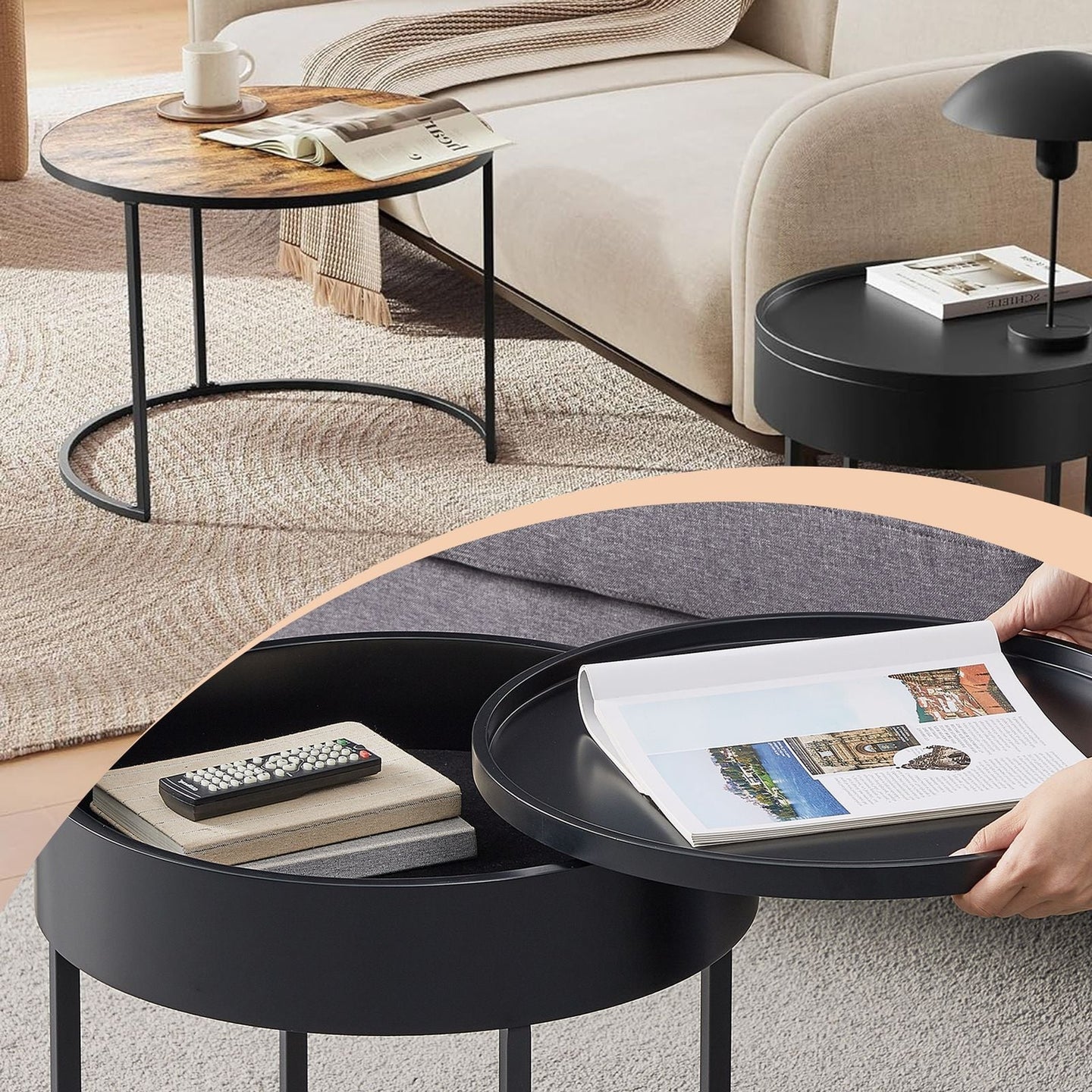 Set of 2 Round Nesting Coffee Tables - Wood - Rustic Brown - Modern Style with Hidden Storage and Top Tray
