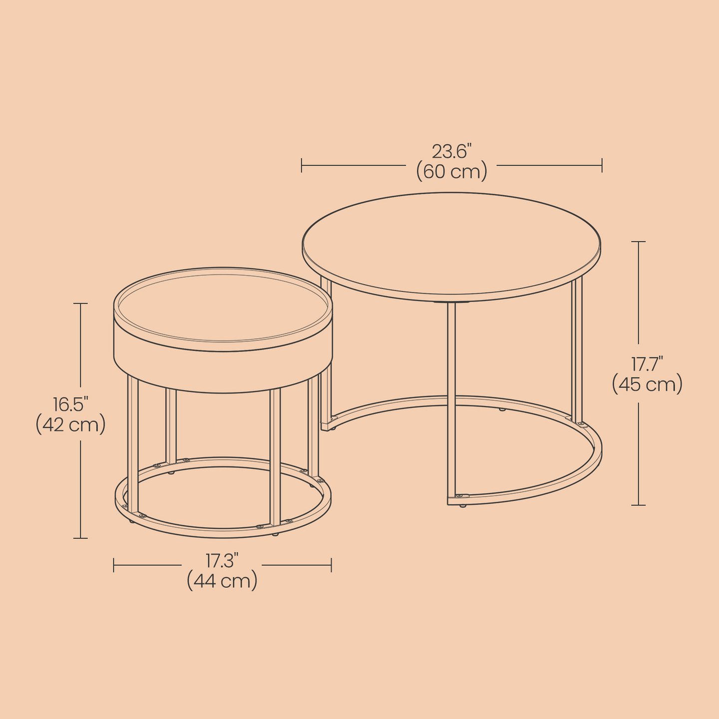 Set of 2 Round Nesting Coffee Tables - Wood - Rustic Brown - Modern Style with Hidden Storage and Top Tray