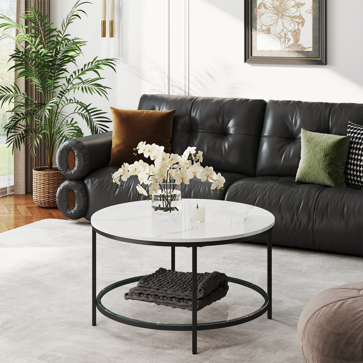 Coffee Table - Tempered Glass - White and Black - Modern Round Design