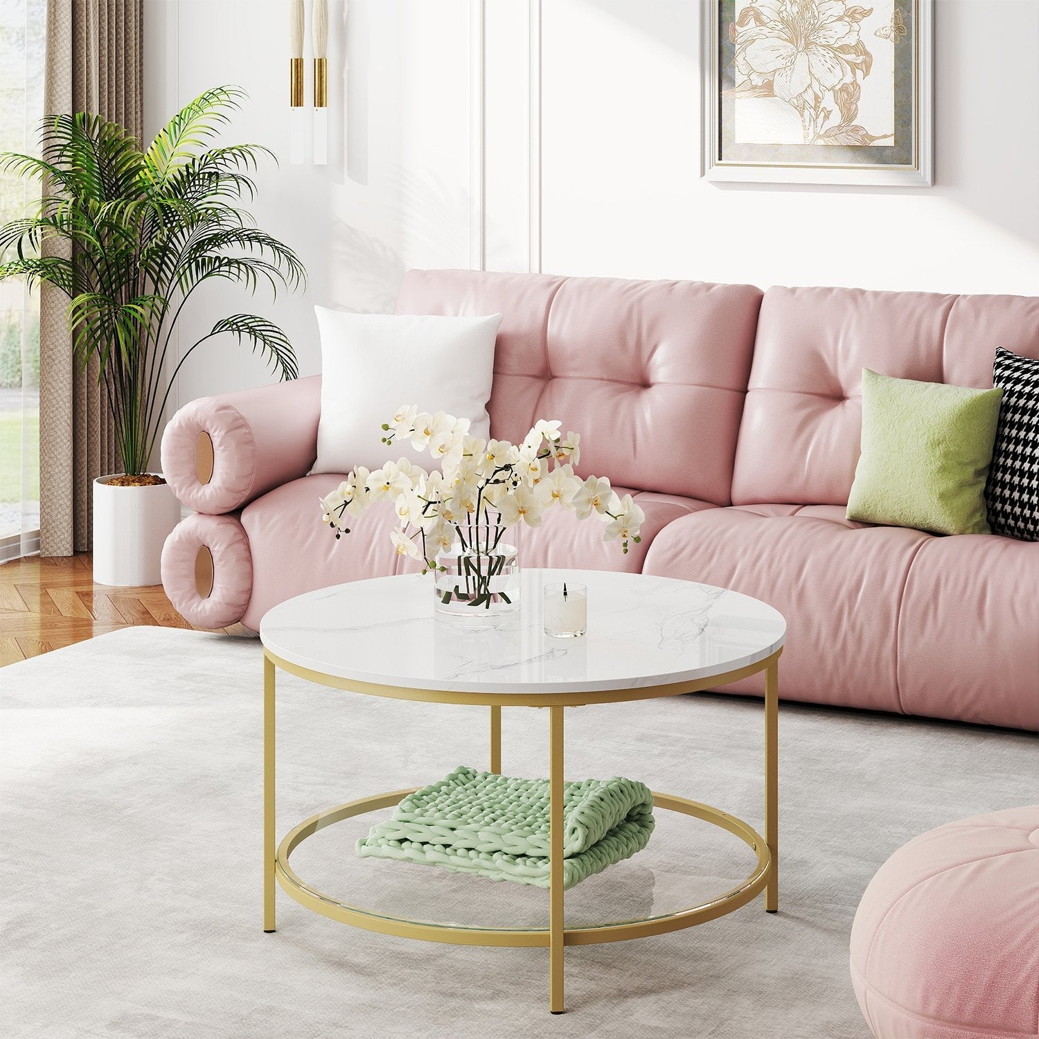 Coffee Table - Faux Marble - White and Gold - Modern Round Design