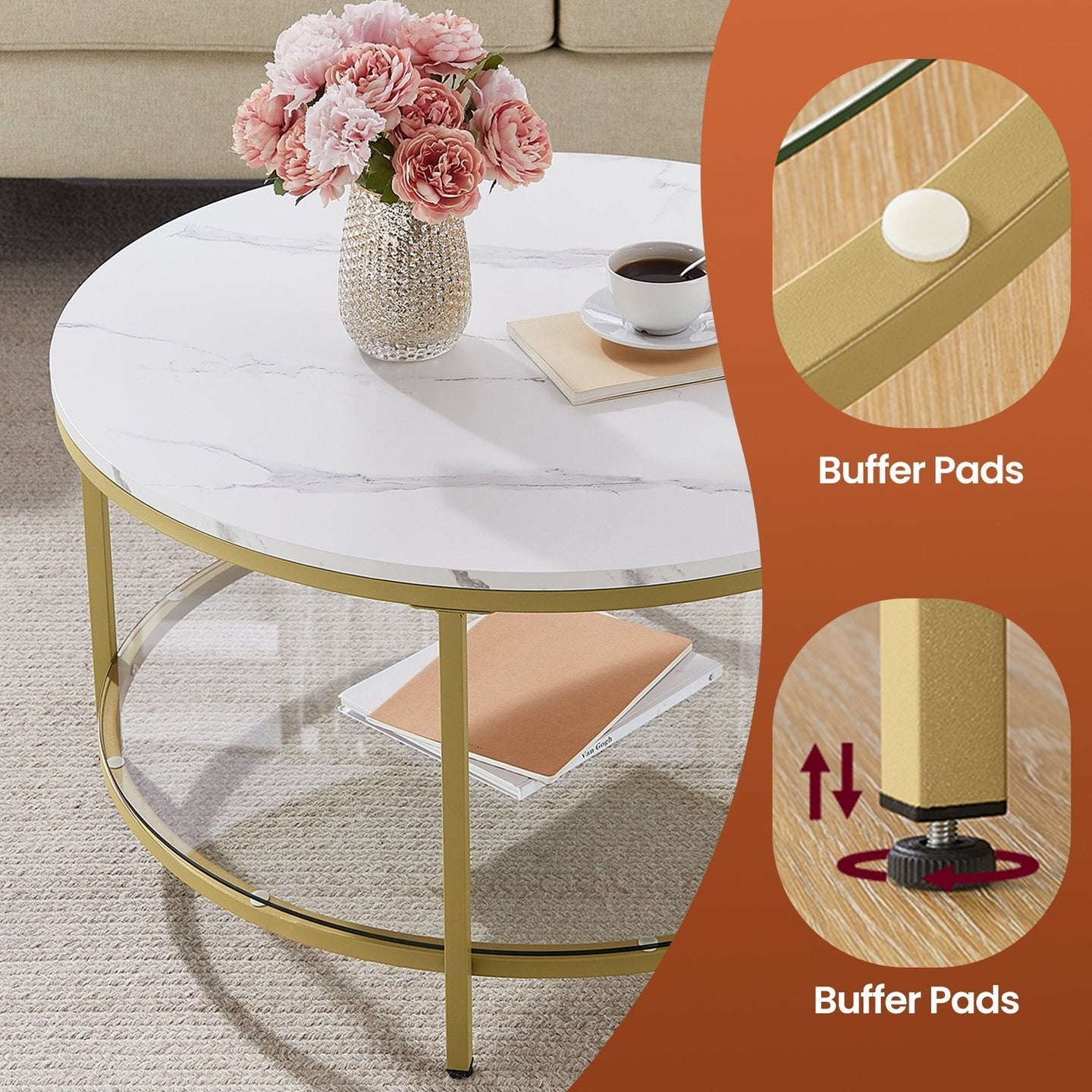 Coffee Table - Faux Marble - White and Gold - Modern Round Design