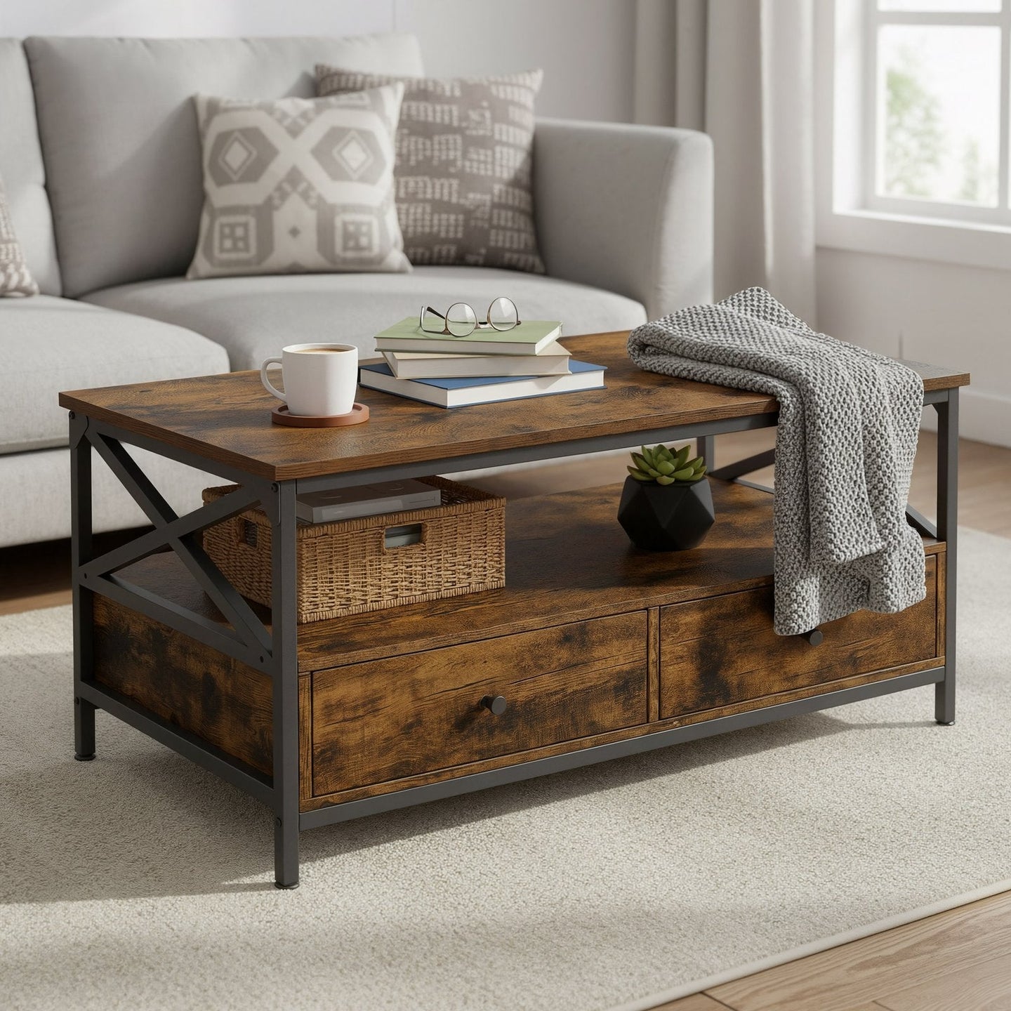 Coffee Table - Wood - Rustic Brown and Black