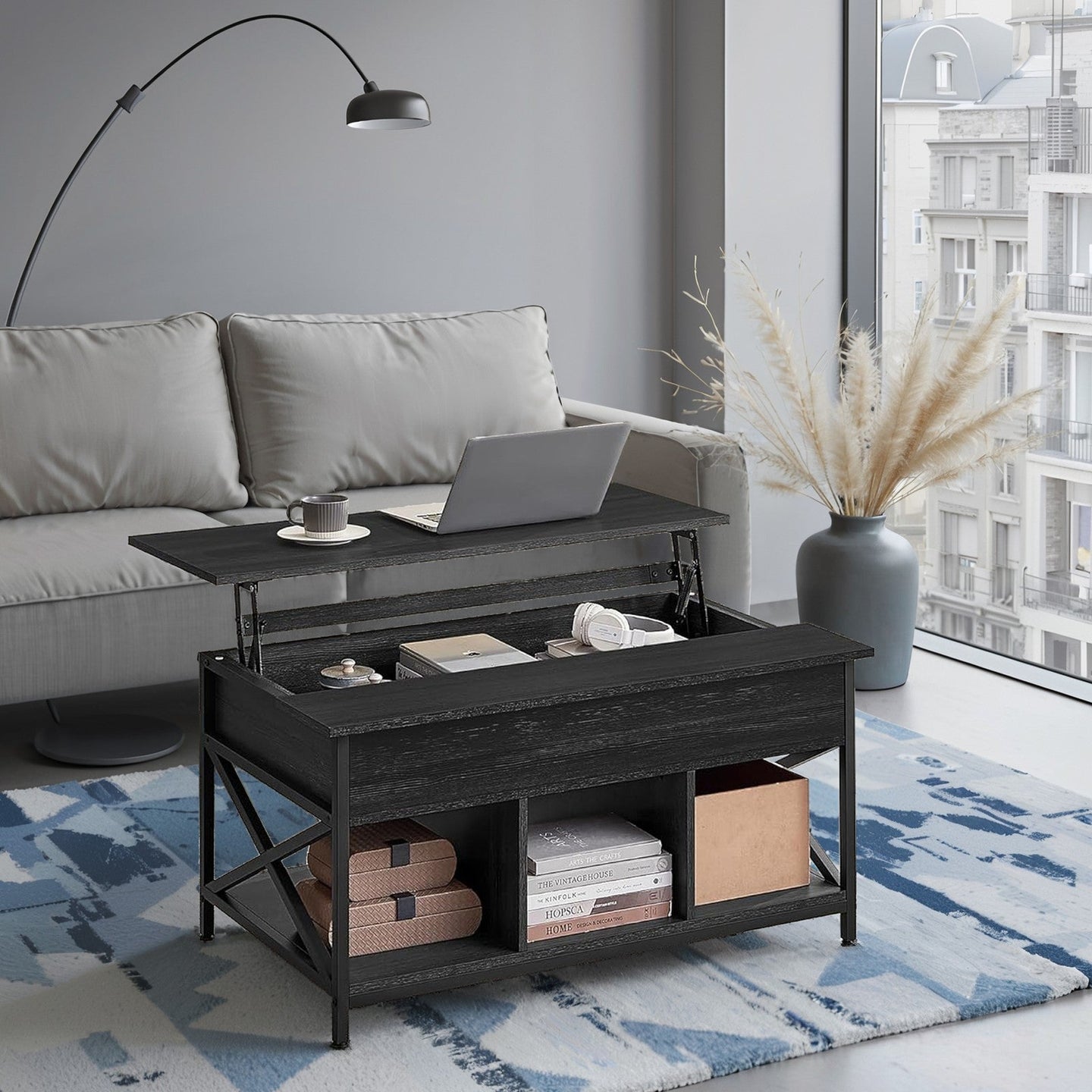 Lift-Top Coffee Table - Wood - White - Open and Hidden Storage with X-Shaped Bars