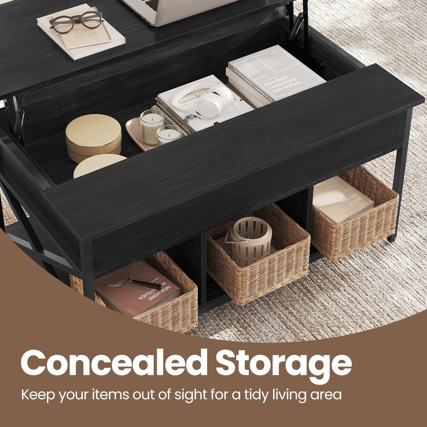 Lift-Top Coffee Table - Wood - White - Open and Hidden Storage with X-Shaped Bars