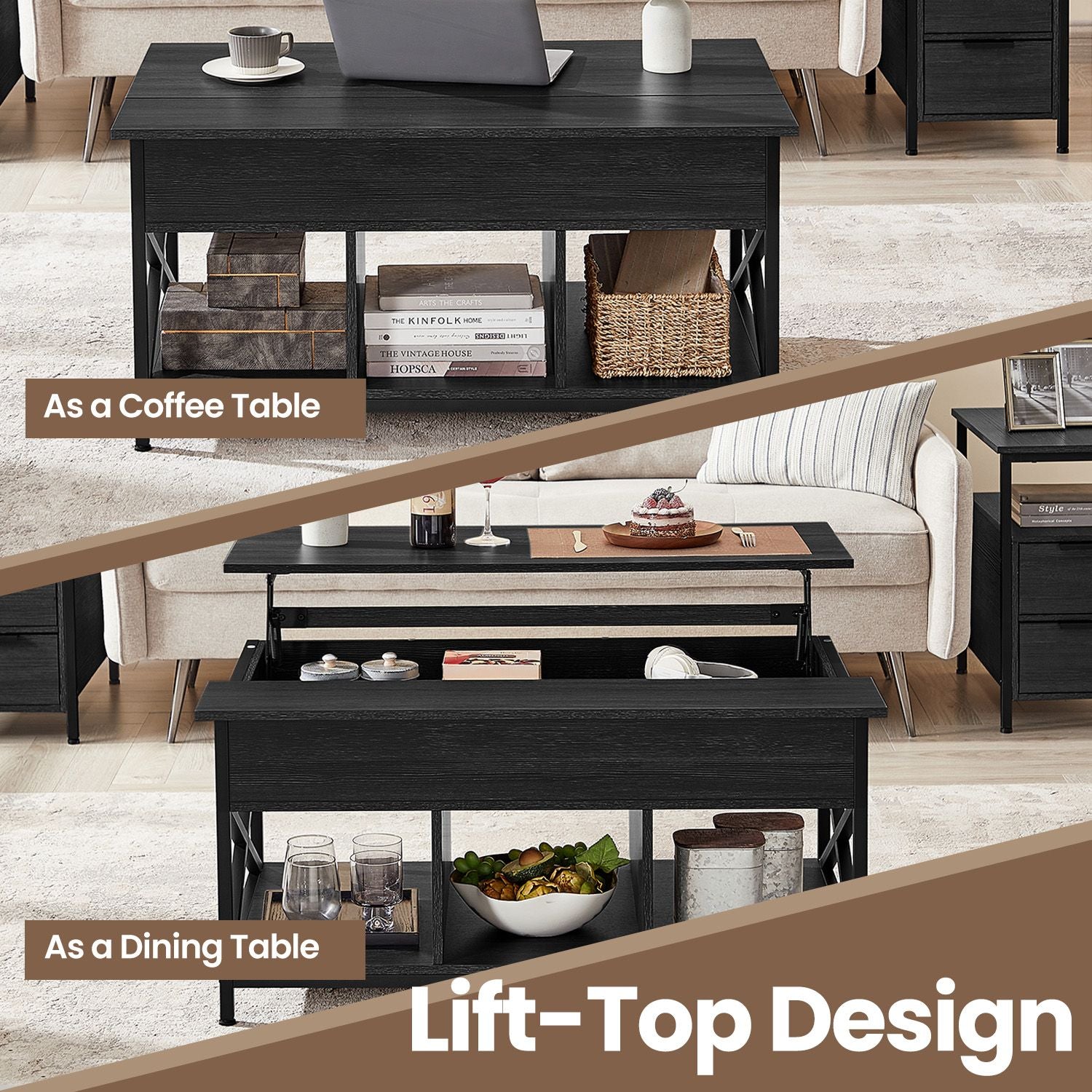 Lift-Top Coffee Table - Wood - White - Open and Hidden Storage with X-Shaped Bars