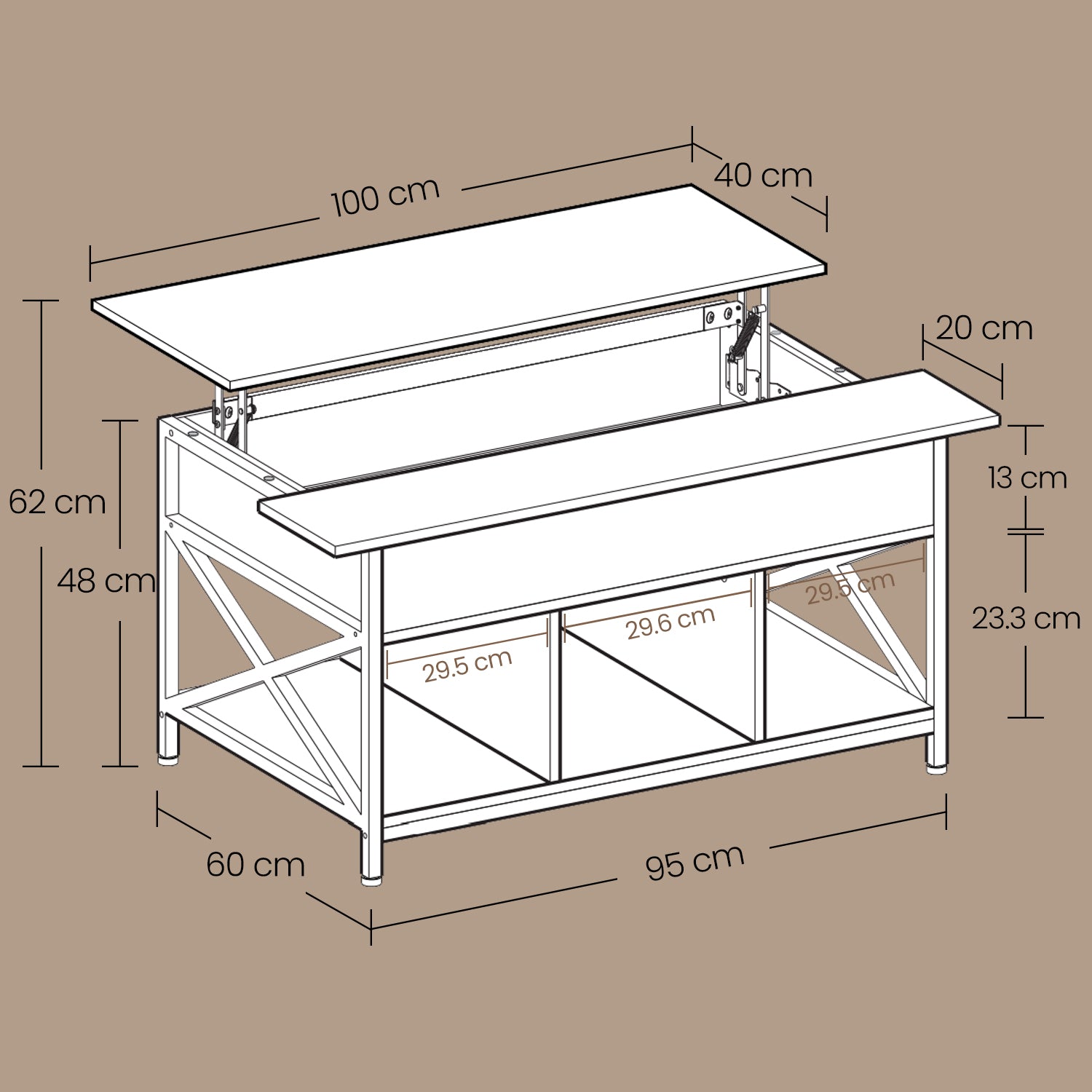Lift-Top Coffee Table - Wood - White - Open and Hidden Storage with X-Shaped Bars
