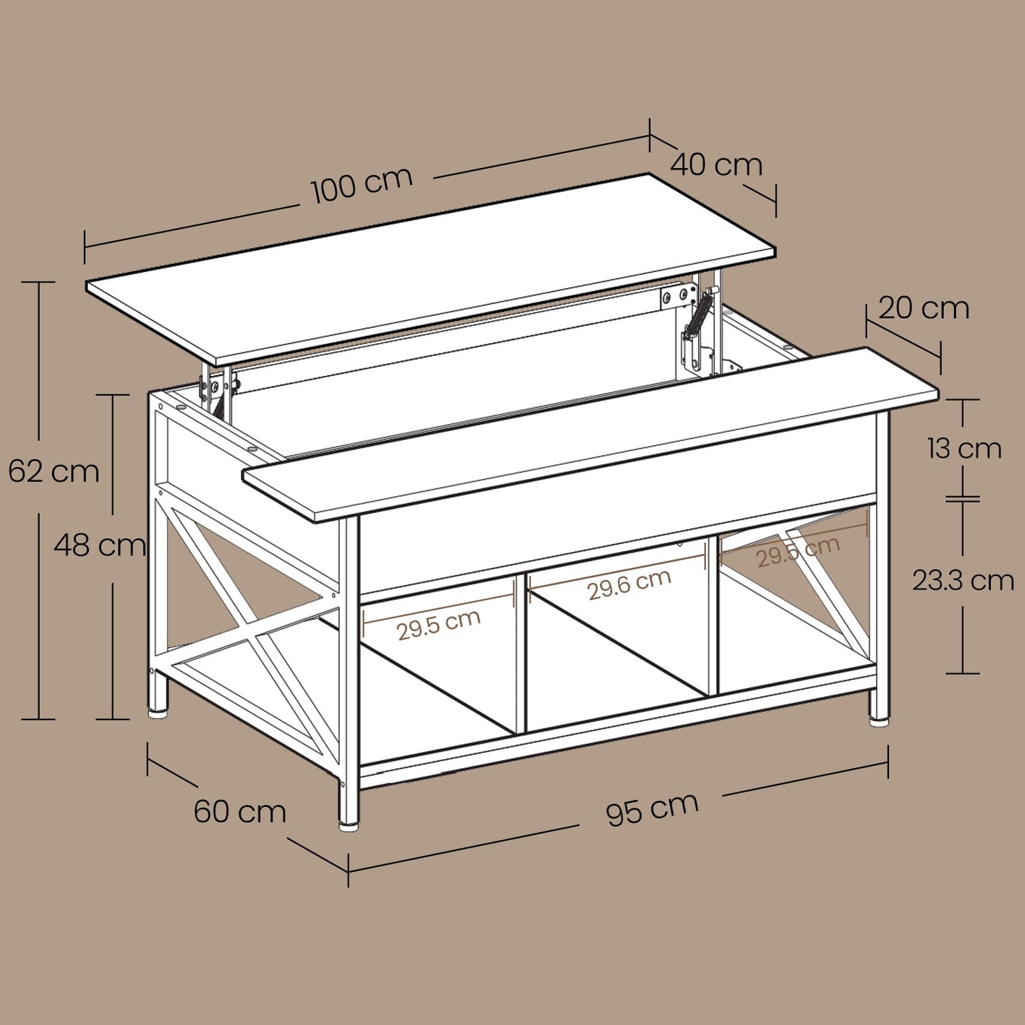 Lift-Top Coffee Table - Wood - White - Open and Hidden Storage with X-Shaped Bars