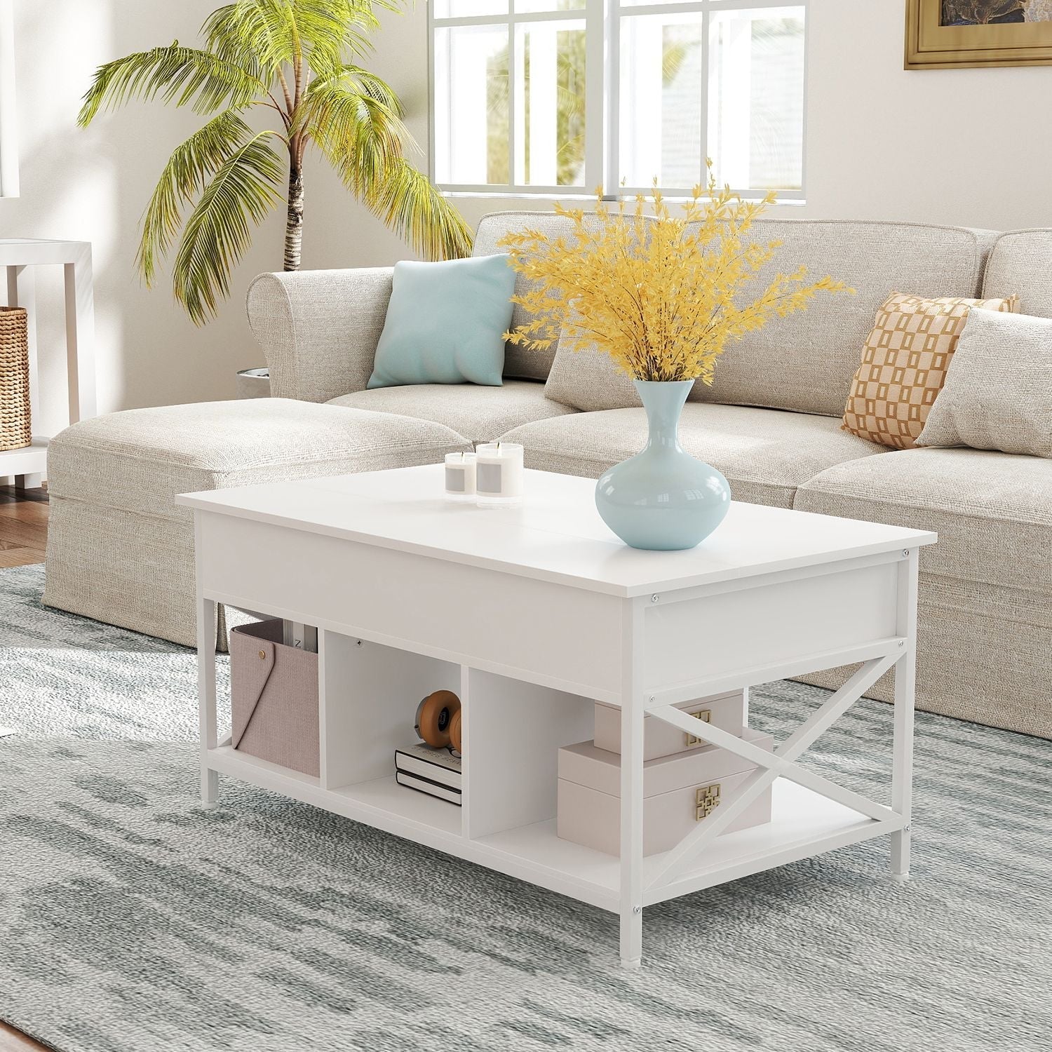 Lift-Top Coffee Table - Wood - White - Open and Hidden Storage with X-Shaped Bars