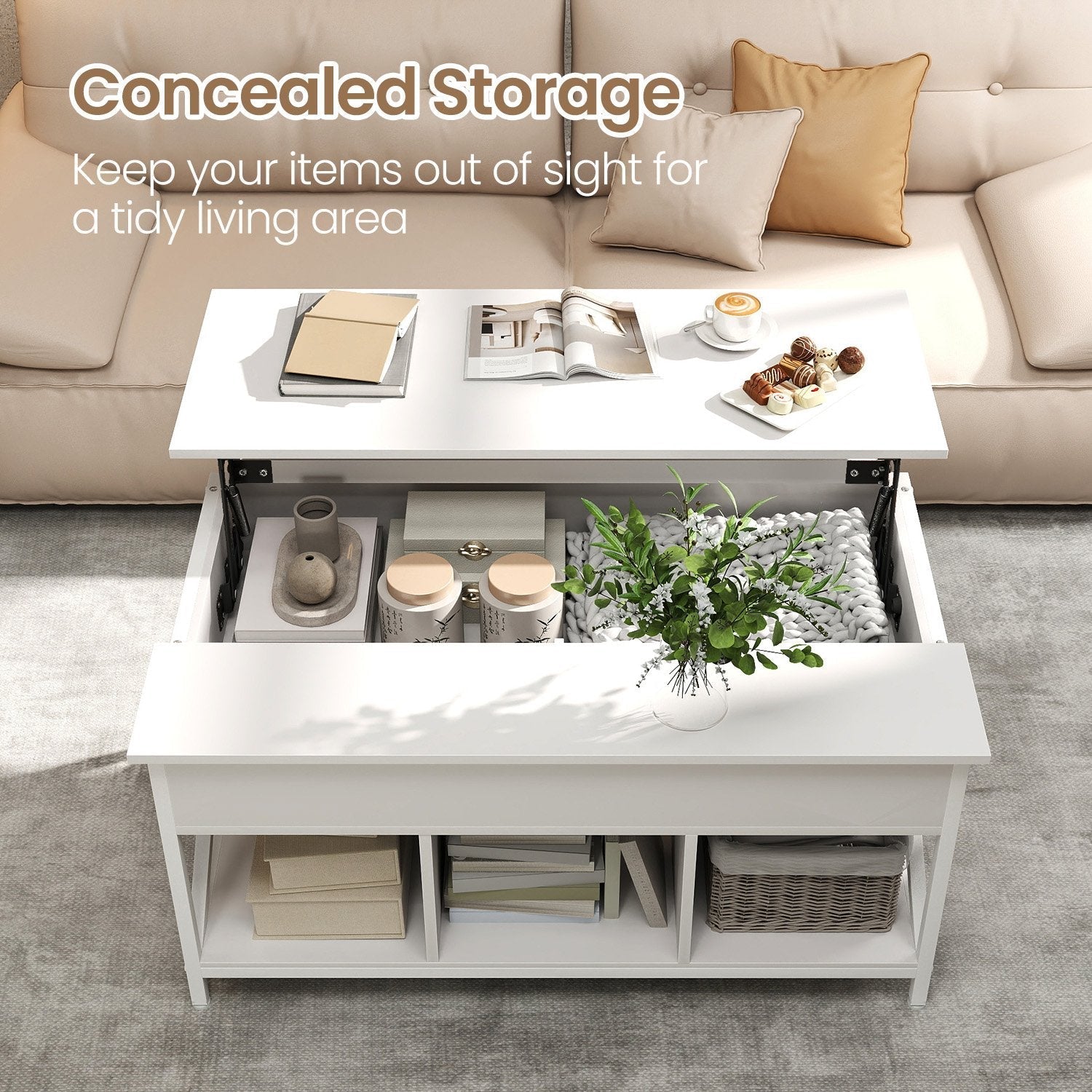 Lift-Top Coffee Table - Wood - White - Open and Hidden Storage with X-Shaped Bars