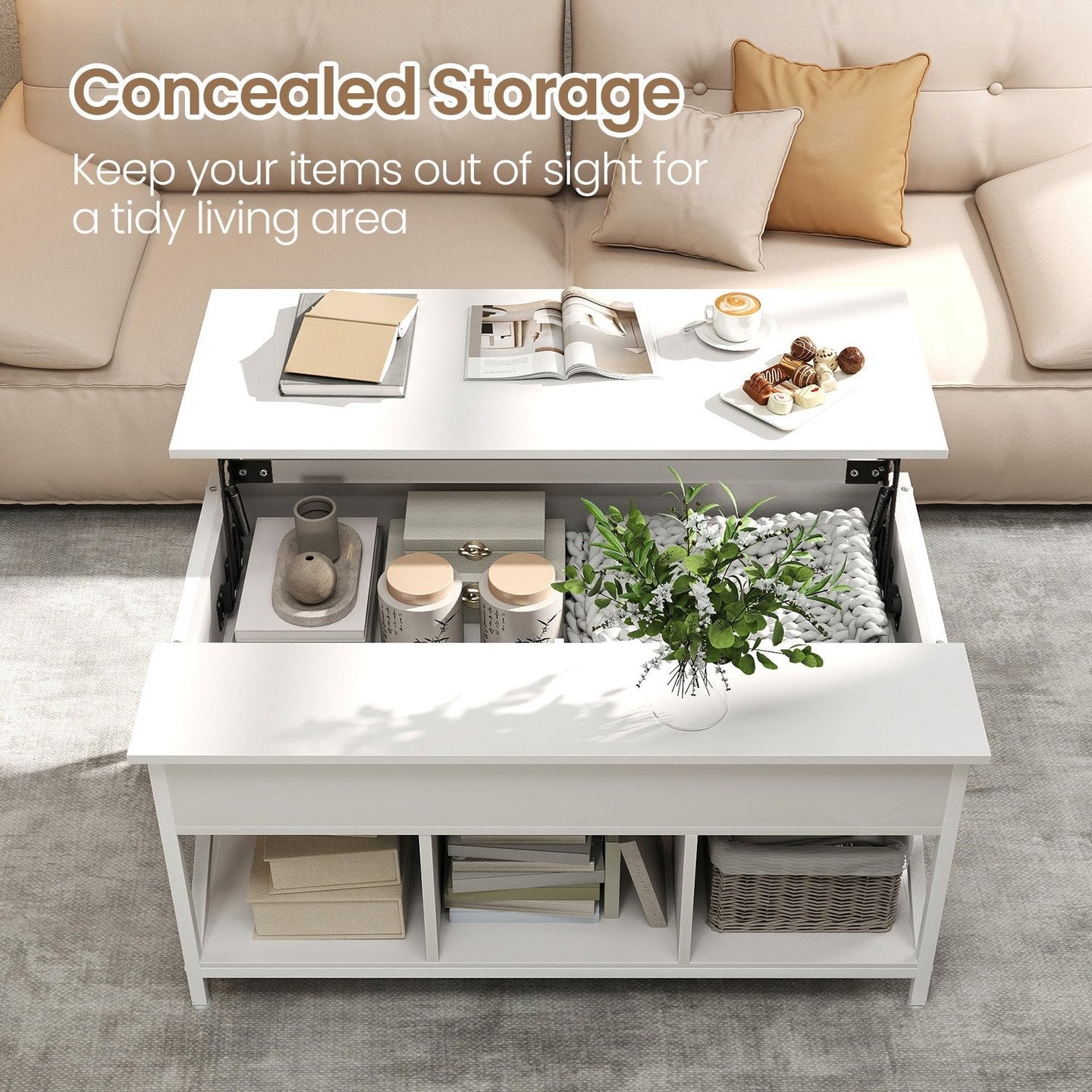 Lift-Top Coffee Table - Wood - White - Open and Hidden Storage with X-Shaped Bars