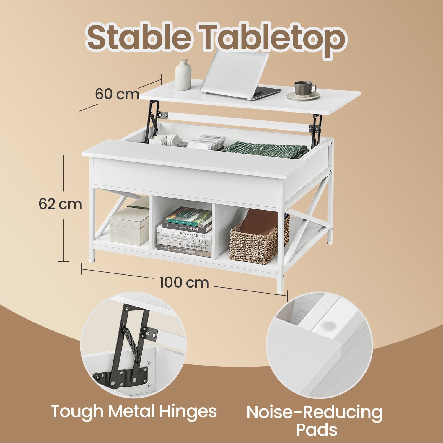 Lift-Top Coffee Table - Wood - White - Open and Hidden Storage with X-Shaped Bars