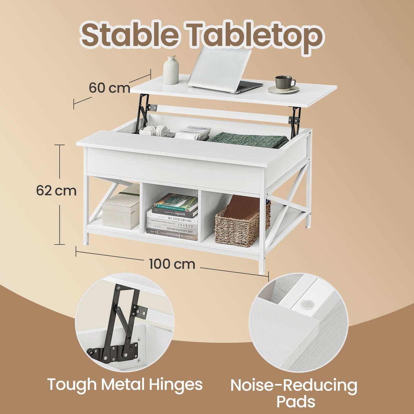 Lift-Top Coffee Table - Wood - White - Open and Hidden Storage with X-Shaped Bars
