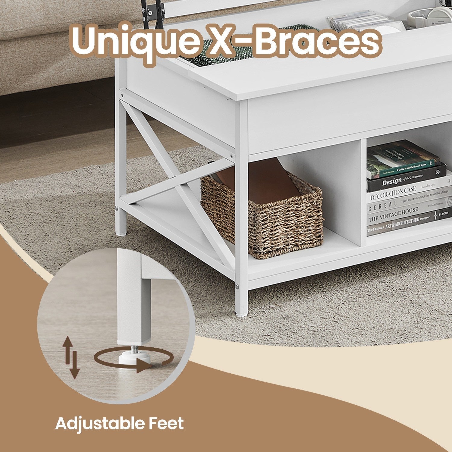 Lift-Top Coffee Table - Wood - White - Open and Hidden Storage with X-Shaped Bars