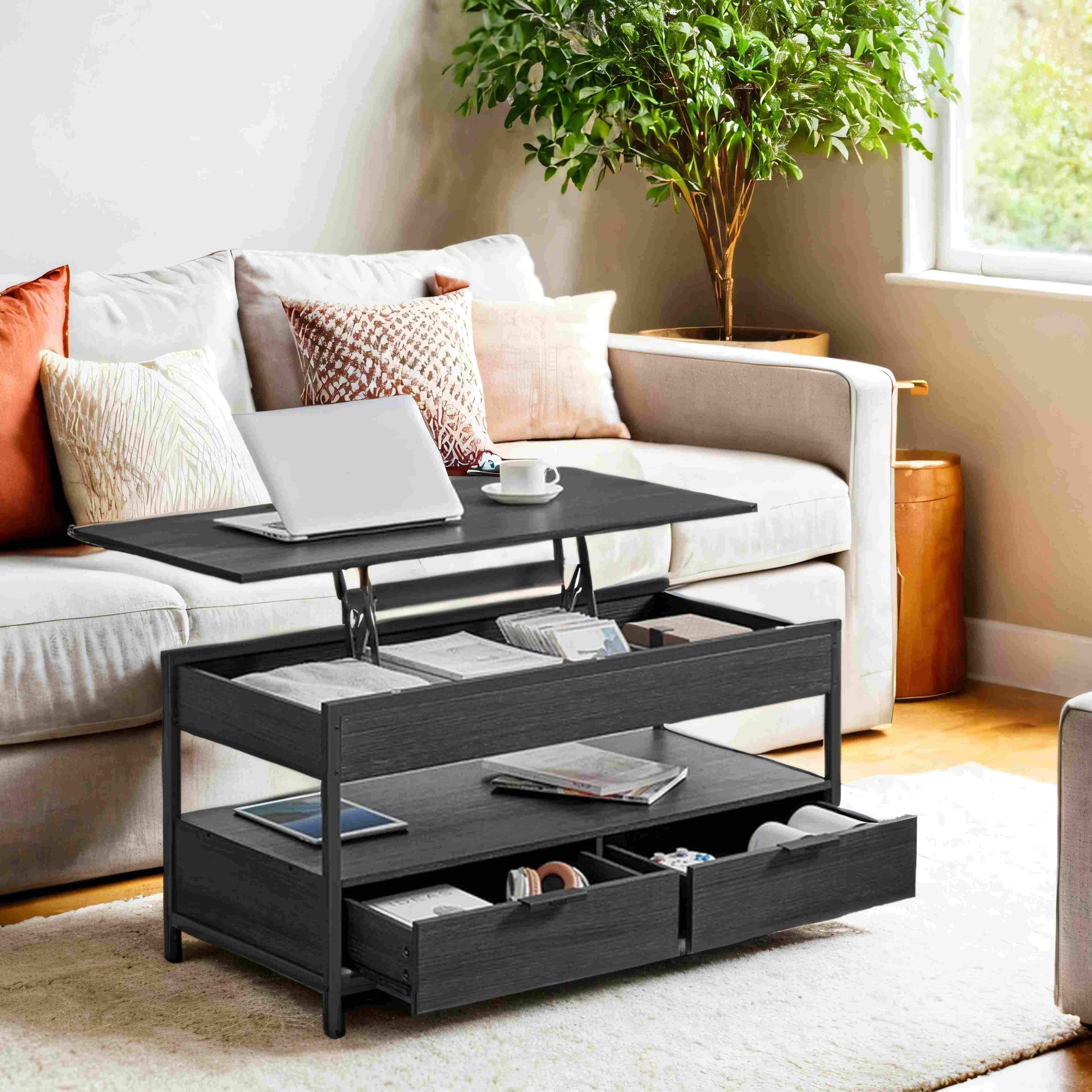 Lift Top Coffee Table - Wood - Rustic Brown - With Storage Drawers and Hidden Compartments