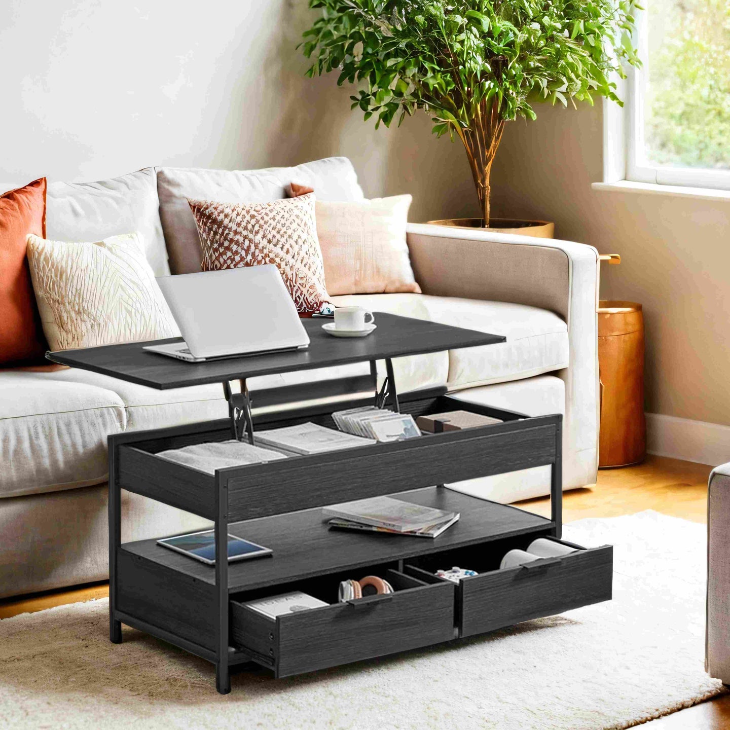 Lift Top Coffee Table - Wood - Rustic Brown - With Storage Drawers and Hidden Compartments