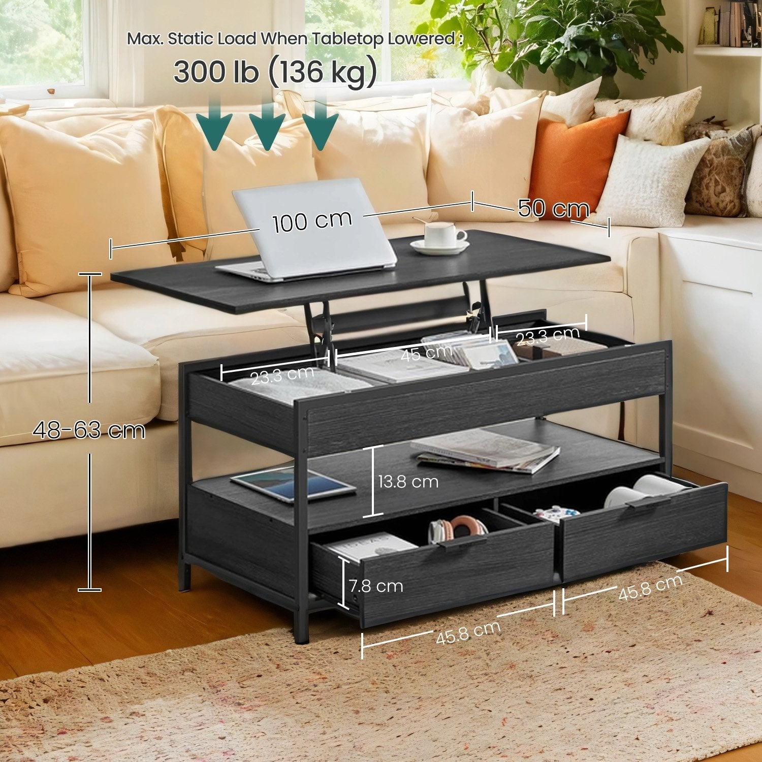 Lift Top Coffee Table - Wood - Rustic Brown - With Storage Drawers and Hidden Compartments