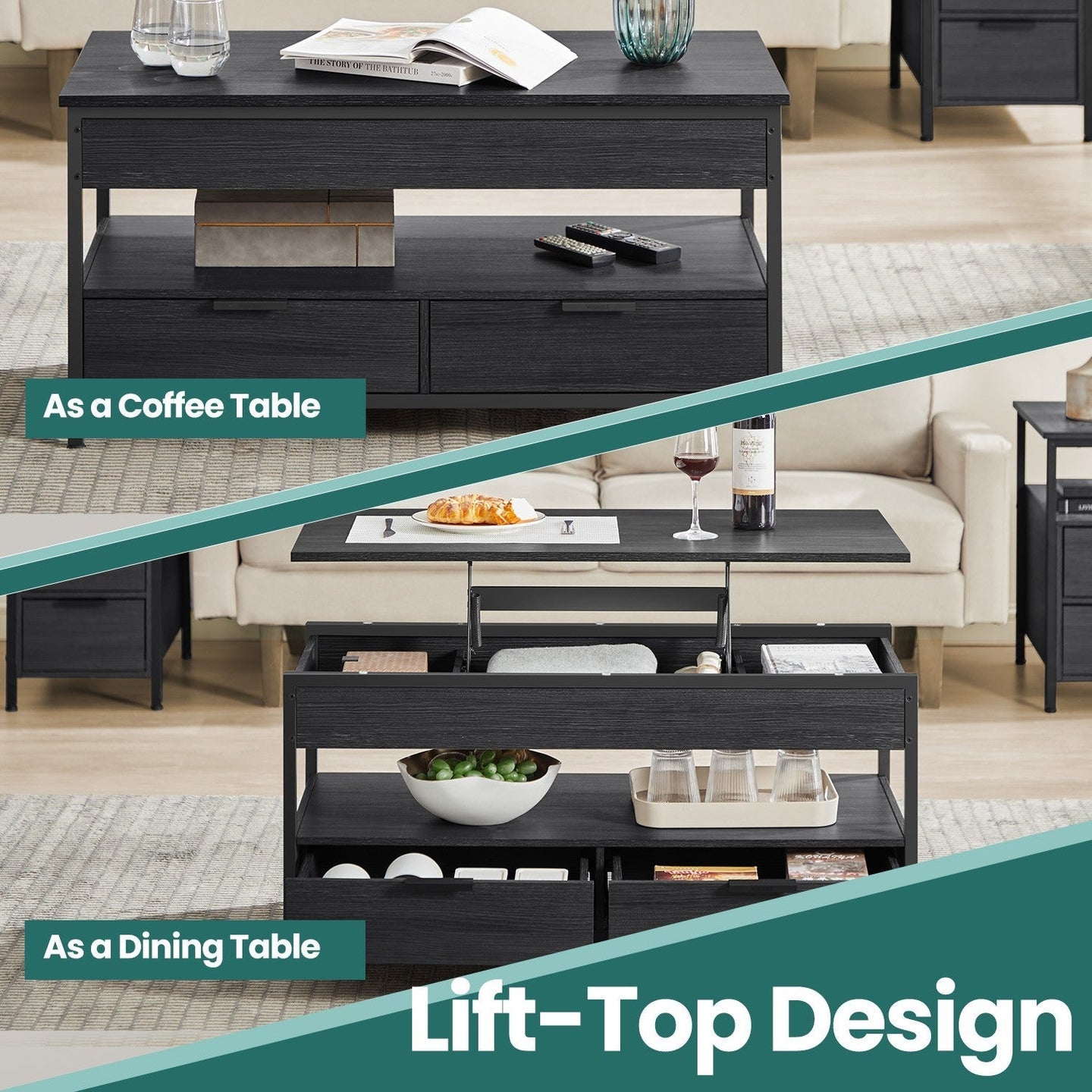 Lift Top Coffee Table - Wood - Rustic Brown - With Storage Drawers and Hidden Compartments
