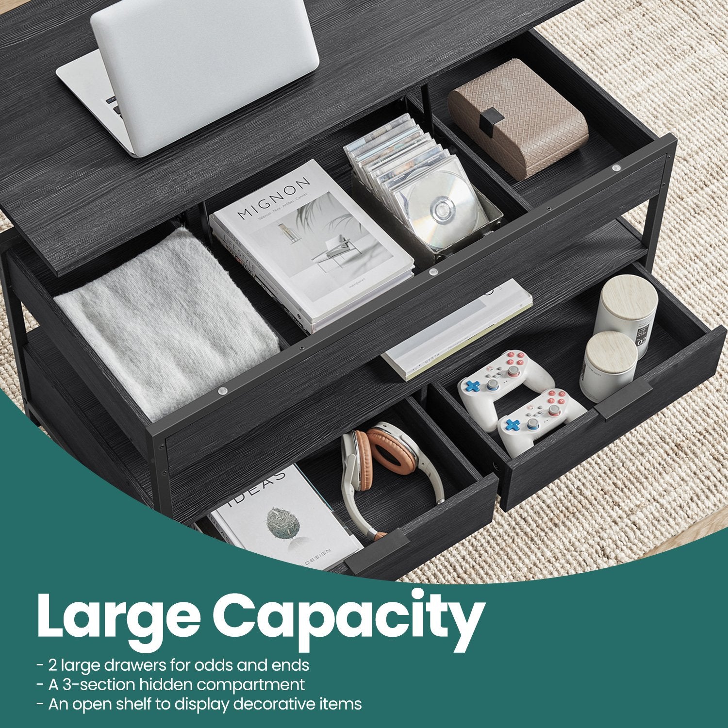 Lift Top Coffee Table - Wood - Rustic Brown - With Storage Drawers and Hidden Compartments