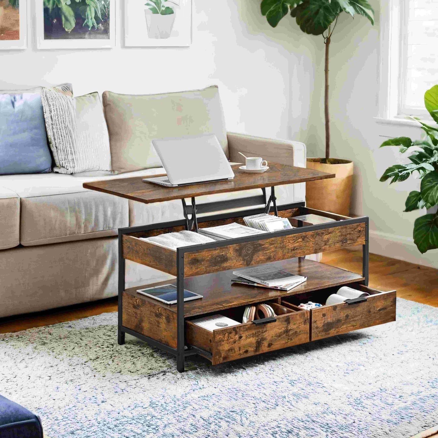 Lift-Top Coffee Table - Wood - Rustic Brown - Storage Drawers and Open Compartment