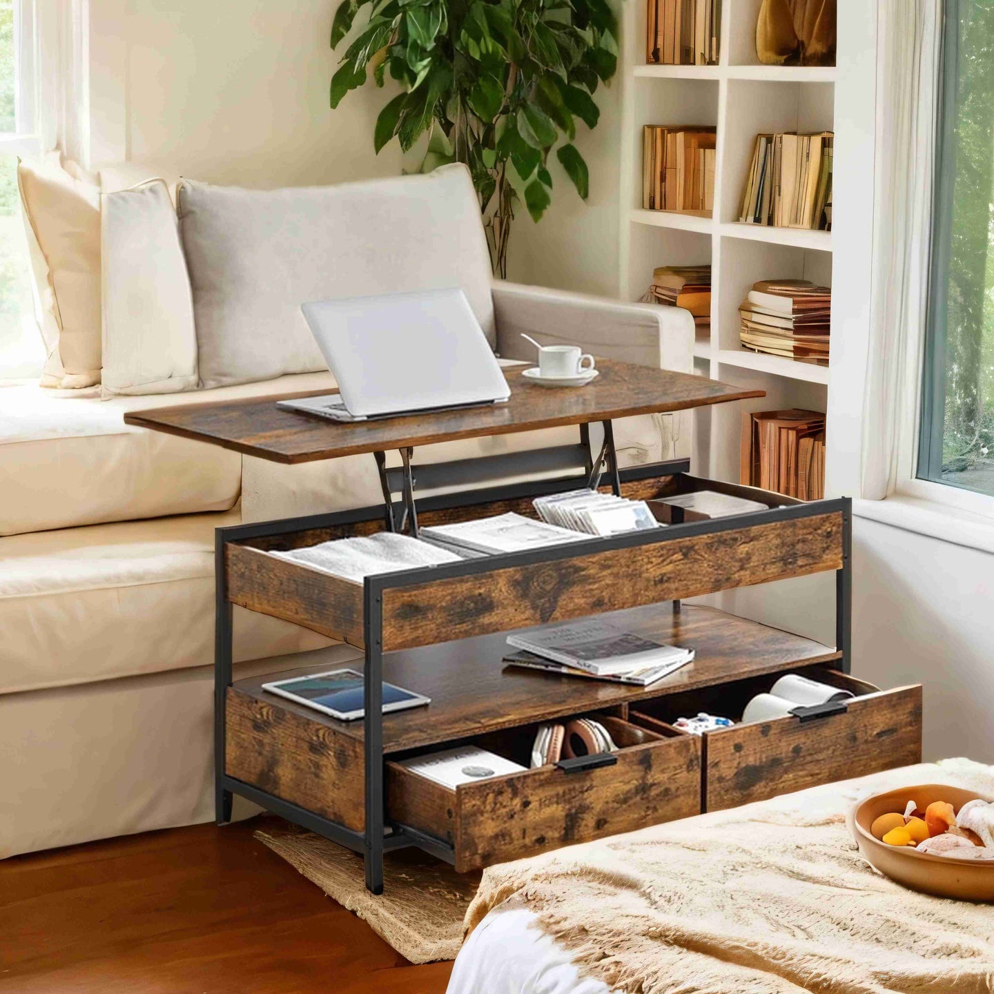 Lift-Top Coffee Table - Wood - Rustic Brown - Storage Drawers and Open Compartment