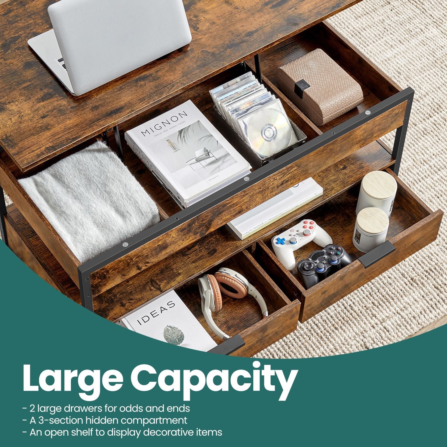 Lift-Top Coffee Table - Wood - Rustic Brown - Storage Drawers and Open Compartment