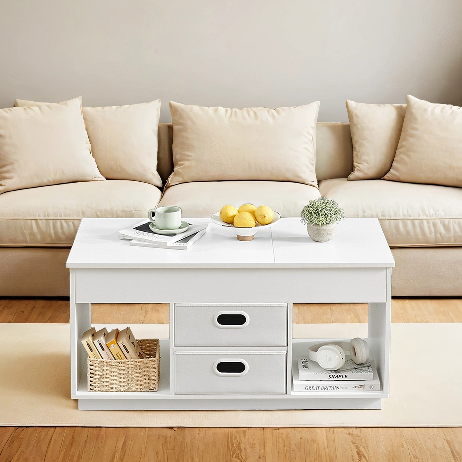Lift Top Coffee Table - Wood - Snow White - Features Hidden Compartments and 2 Drawers